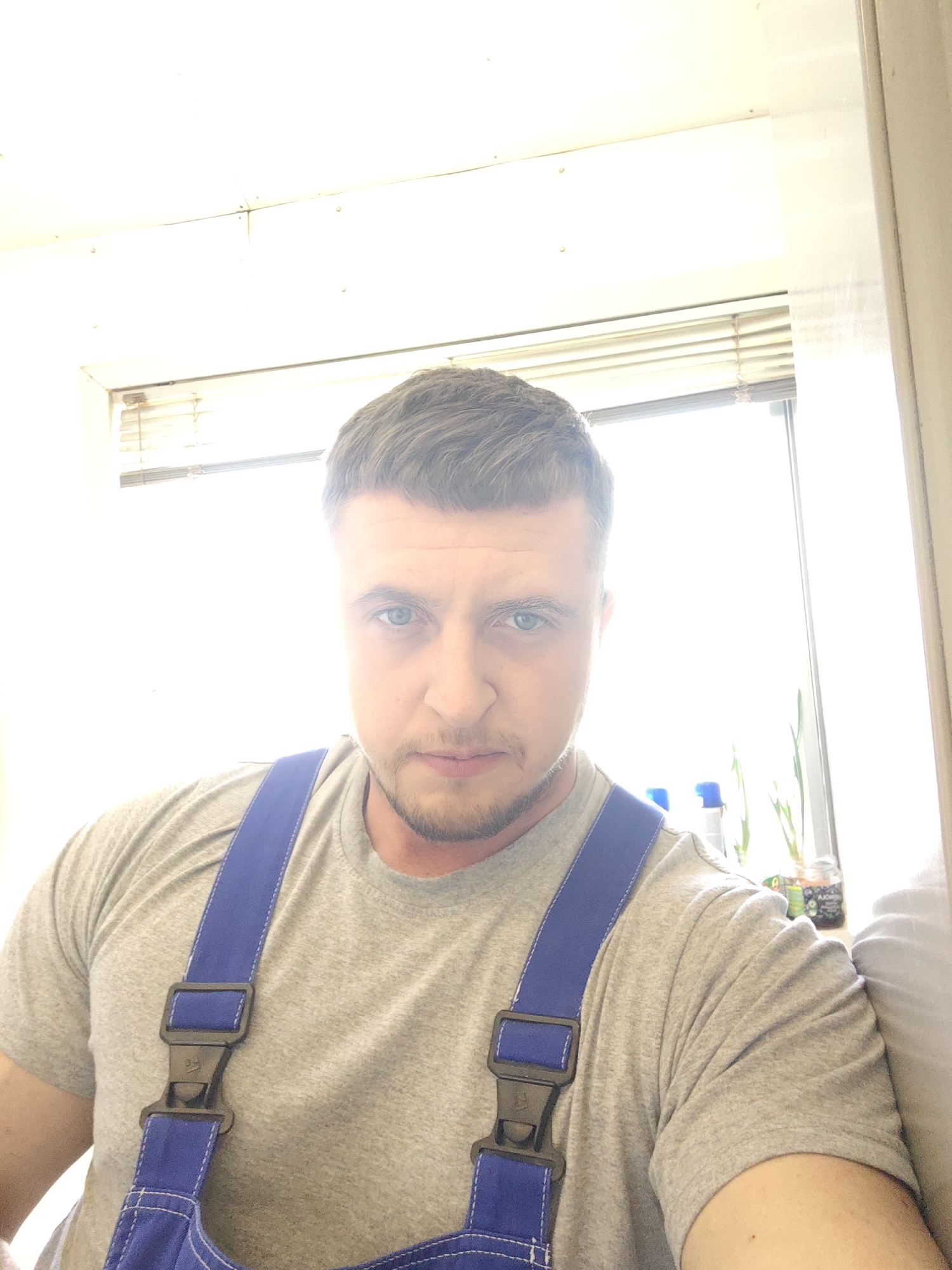 A medium shot depicts a man wearing a gray t-shirt with blue overalls, facing the camera. He has short, light brown hair, blue eyes, and light facial hair. Behind him is a window with blinds, letting in bright light that partially obscures the background. The location is not discernible from the image.