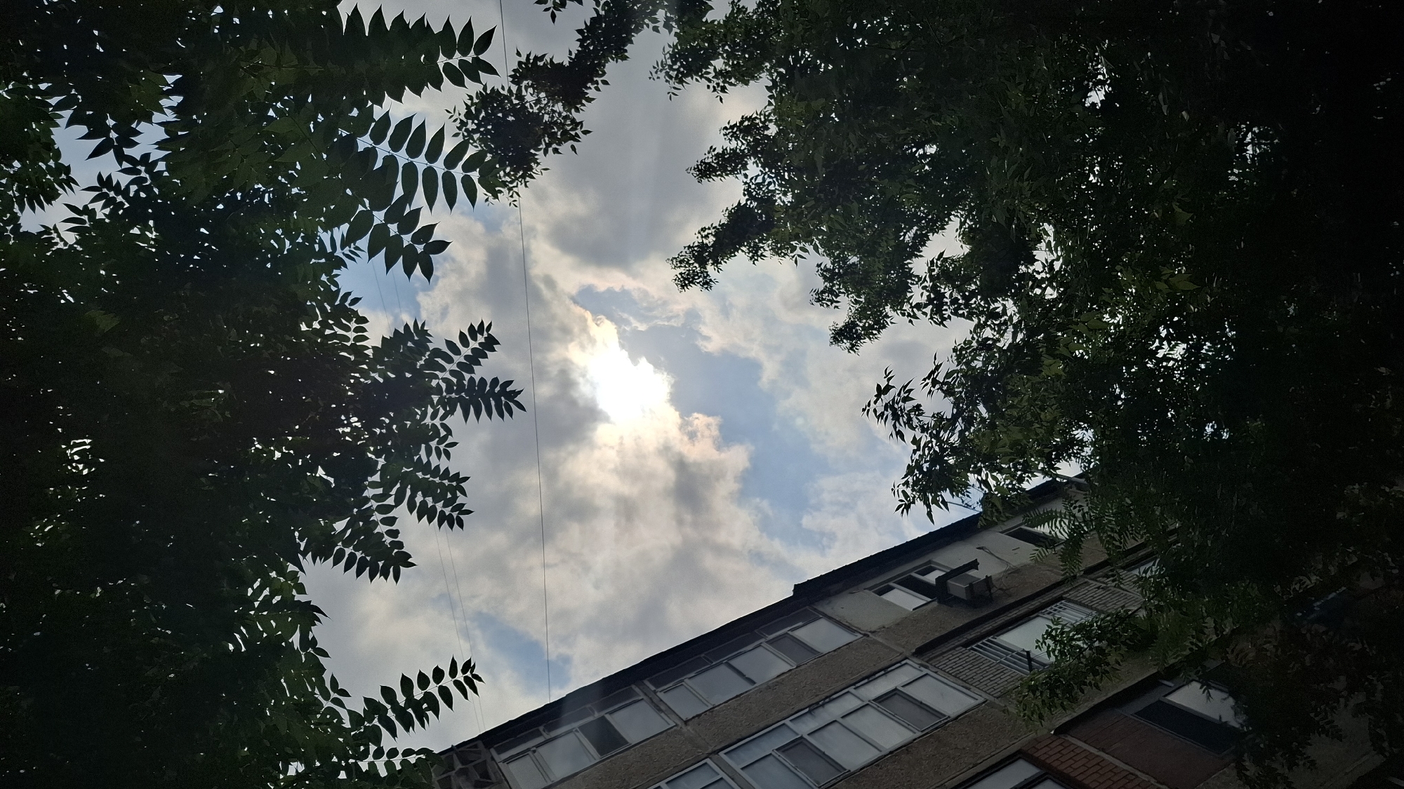 This media file is a low-angle shot looking up at a cloudy sky partially obscured by lush green tree branches on the left and right sides of the frame. A portion of a multi-story concrete apartment building is visible in the lower right, angled diagonally across the image. The sun is peeking through the clouds, creating a bright, hazy effect in the center of the sky. The overall scene depicts an urban environment with natural elements.
The time of day appears to be daytime, possibly late afternoon or early evening, given the diffused sunlight. The weather seems to be partly cloudy, with the clouds creating a dynamic sky. There are no people visible in the frame. The architecture of the building, with its balconies and windows, suggests a residential area. Electrical wires are also visible crisscrossing the sky.
The scene evokes a feeling of a tranquil, perhaps slightly overcast, day in a residential area. The combination of the building and the trees, along with the cloudy sky, gives a sense of everyday life in a city. There is no visible text in the image. The context of Shymkent, Kazakhstan, places this scene in a specific geographical location within Central Asia.