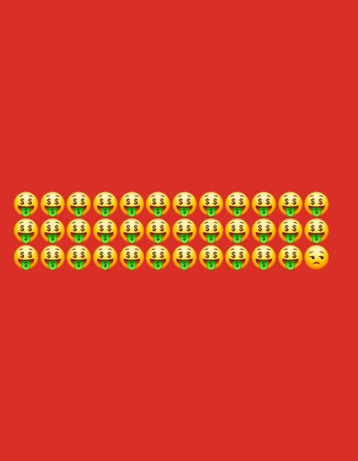 The image displays a red background with two rows of yellow emoji faces. The top row consists of 17 emoji faces with dollar signs on their eyes and green tongues sticking out, representing a "money-mouth face." The bottom row has 16 "money-mouth face" emoji and one frowning emoji with a single eyebrow raised and looking slightly to the right. The emojis are arranged in a grid-like pattern at the bottom of the image. The location in the city of Homyel, Belarus, is not determinable from the provided image.