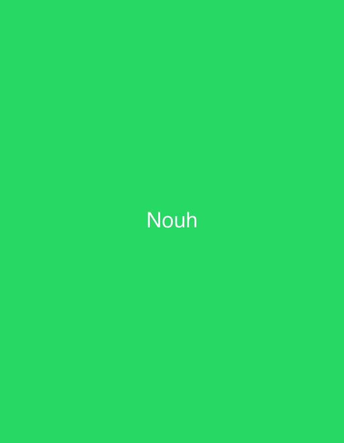 The image displays the word "Nouh" in white, sans-serif text, centered both horizontally and vertically. It rests against a solid, vibrant green background. The scene contains no visual elements such as people, subjects, objects, or environmental cues that would allow for the identification of a specific geographical location, nor does it provide any indication of being in Casablanca, Morocco.