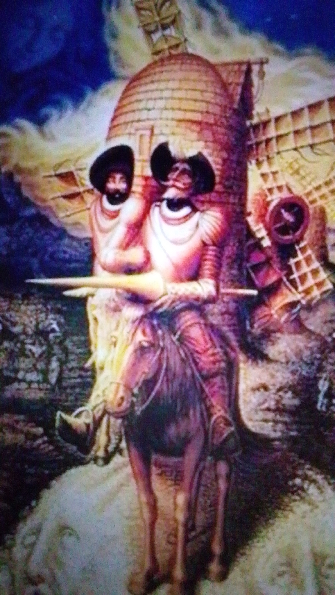 This is a painting depicting an optical illusion. The main subject appears to be a knight on horseback, but upon closer inspection, the knight's body is formed by the faces of two men looking at each other. The background features a windmill and a cloudy sky. There is no discernible location in the city of Aznakayevo, Russia, within this artwork. The painting is done in a painterly style with a rich color palette, featuring blues, browns, and earthy tones. The overall scene is dramatic and somewhat surreal due to the illusionary elements.