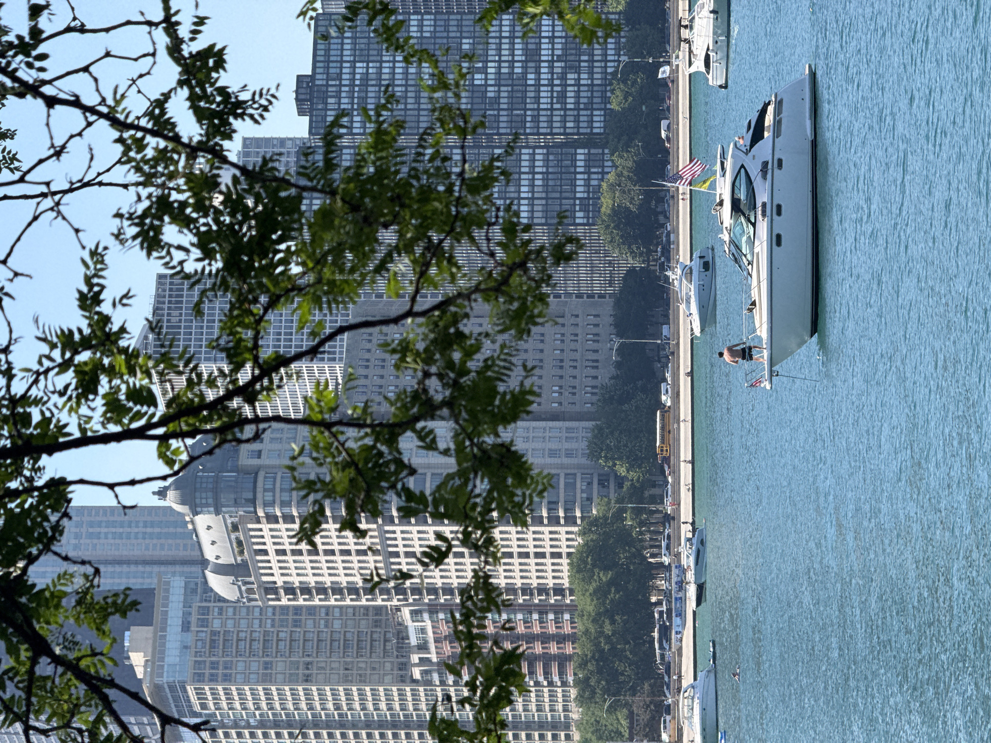 A wide-angle, eye-level shot captures a sunny day on Lake Michigan, with Chicago's iconic skyline forming a backdrop. The foreground is dominated by the vibrant blue, choppy water, dotted with several white pleasure boats. One particularly prominent yacht, positioned slightly off-center to the right, displays an American flag and a yellow pennant. A lone man in dark swim trunks stands on the stern of this yacht, facing away from the camera, appearing to be enjoying the view. Another person is seated on the yacht's deck. To the left, a second, smaller white yacht is anchored. Further in the distance, more boats are visible, and the shoreline reveals a paved path with trees and a yellow school bus parked near the buildings. The imposing skyscrapers of Chicago, a mix of modern and older architectural styles, rise majestically behind the trees, their facades reflecting the bright sunlight. Green tree branches, out of focus, frame the top of the image, adding a natural element to the urban landscape.