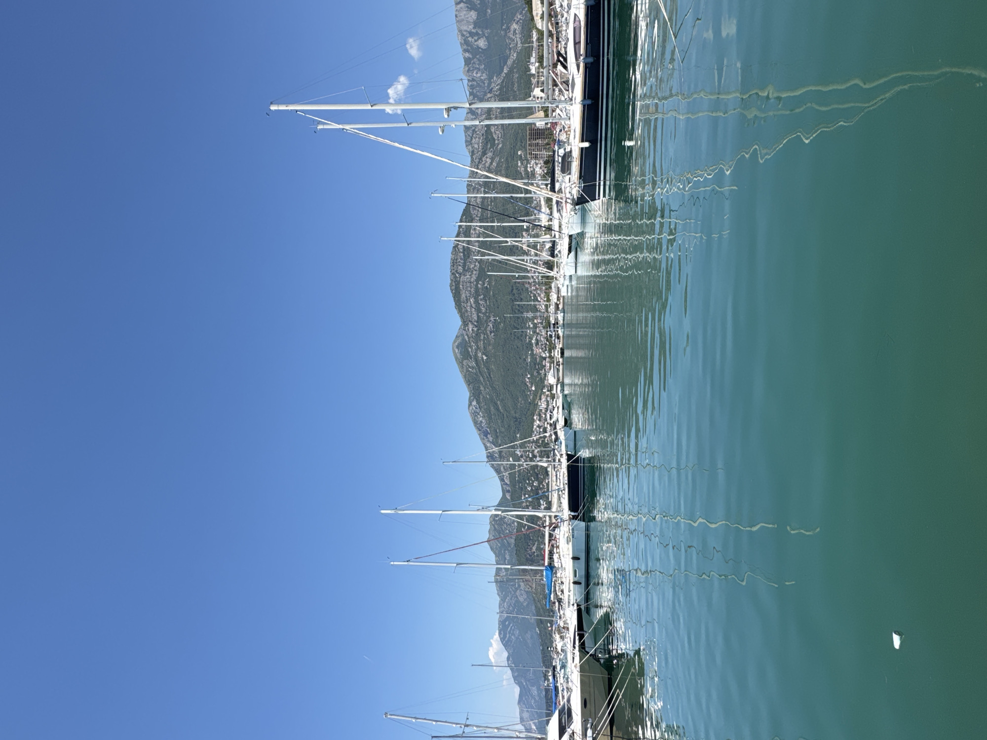 A harbor in Bar, Montenegro, is filled with numerous sailboats docked side-by-side under a clear blue sky. The turquoise water reflects the white masts and rigging of the sailboats, as well as the green, tree-covered mountains in the background. The boats are various sizes, with some appearing to be luxury yachts. The water is calm, with gentle ripples creating distorted reflections of the boats and their masts. In the foreground, a white cup floats on the surface of the water.