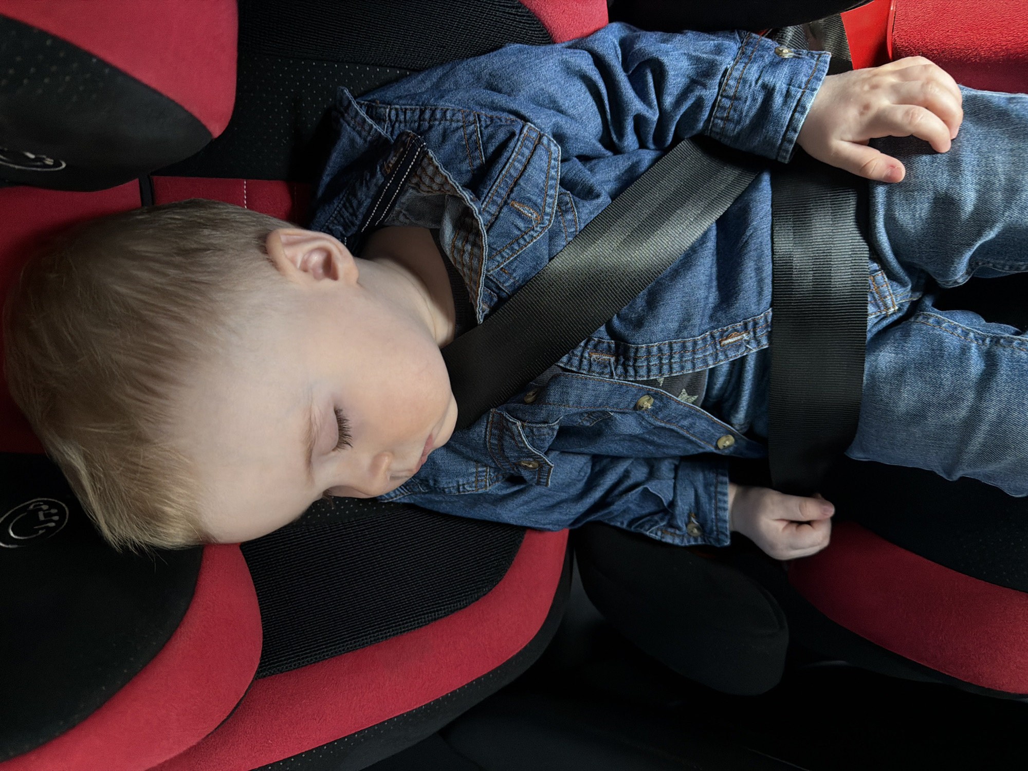 A young child with light blonde hair is observed sleeping in a child safety seat within a vehicle in Bolgury, Russia. The child, wearing a blue denim jacket over a dark shirt and blue jeans, is secured by a black safety harness across the chest and lap. The car seat is predominantly black with red accents on the side bolsters and backrest, featuring a silver-colored emblem on the upper left portion of the headrest. The child's eyes are closed, and the head is tilted forward.