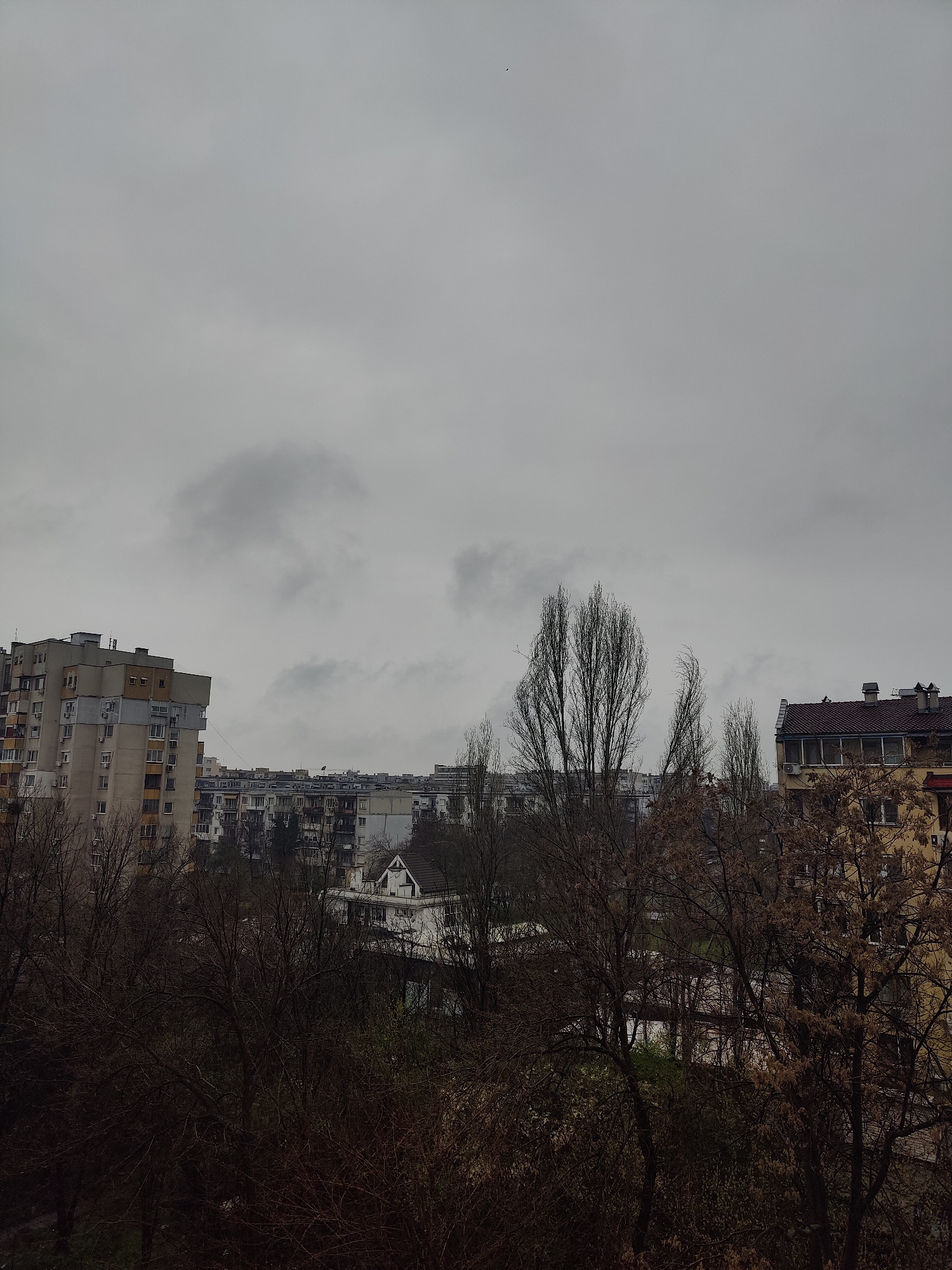 The image depicts an overcast cityscape in Plovdiv, Bulgaria. In the foreground are bare trees without leaves, indicating winter or early spring. In the mid-ground are several multi-story apartment buildings in various states of repair, with a mix of architectural styles. One building is painted yellow. In the background, the buildings fade into the grey sky, which is filled with clouds. There are no visible people, subjects, actions, or interactions. The overall environment suggests a bleak and cold weather.
