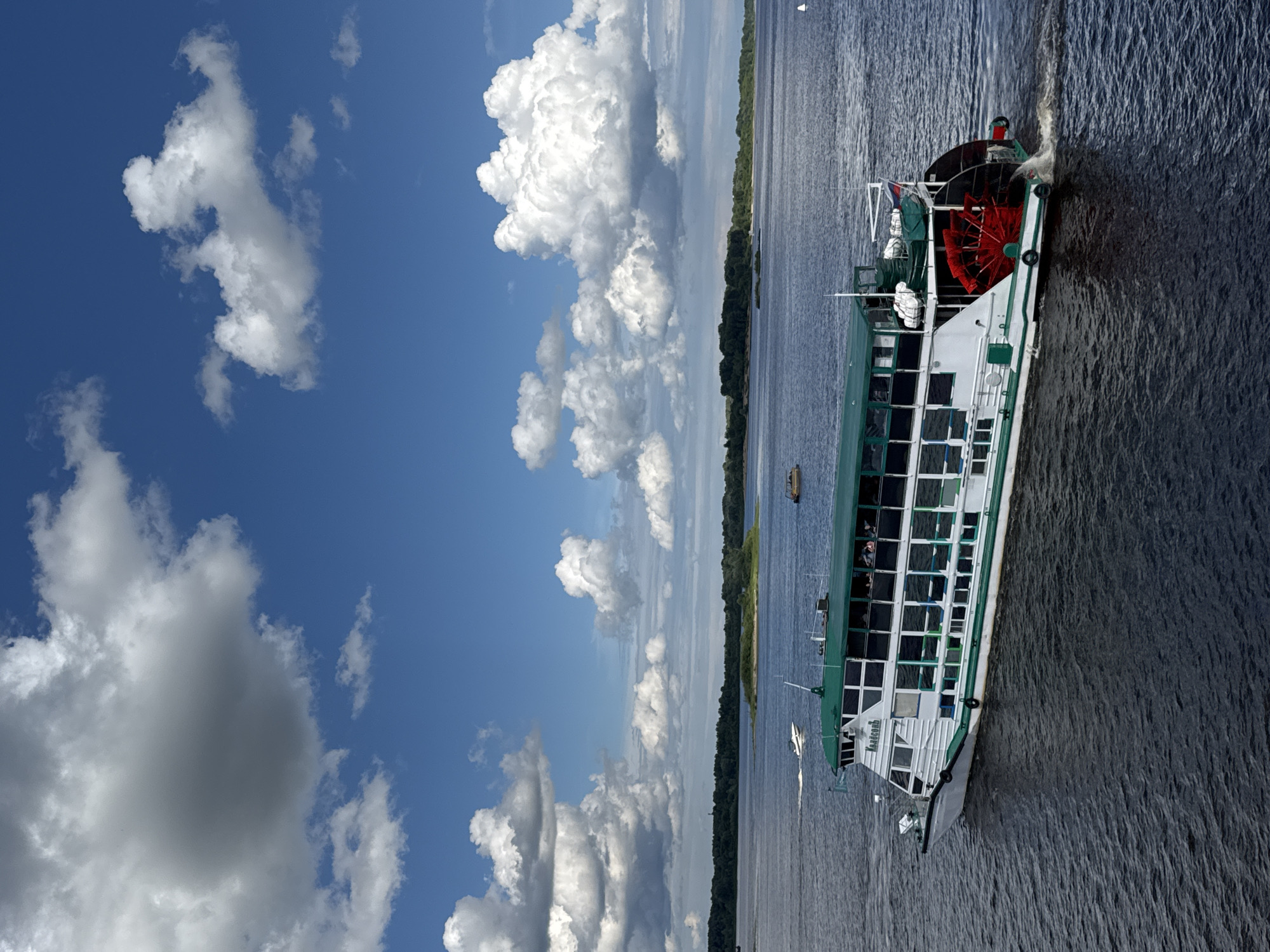 This is a vertical, eye-level, full-shot photograph of a paddlewheel boat on a dark blue river under a bright blue sky with scattered white clouds. The boat, named "Колпь" (Kolp'), is white with a green roof and trim. It has multiple decks with many windows, and passengers are visible inside. The boat has a large red paddlewheel at its stern, which is churning up white water as it moves.
In the background, a tree-lined shore stretches across the horizon. There are small islands with trees in the river. Several other boats are visible in the distance, including a white speedboat to the left of the frame, and a yellow boat with a canopy to the right. The water is dark and choppy, reflecting the sky.
The scene appears to be the Volga River in Nizhny Novgorod, Russia, given the architecture of the boat and the general landscape. The photograph captures a sunny day with dramatic cloud formations, creating a picturesque river scene.