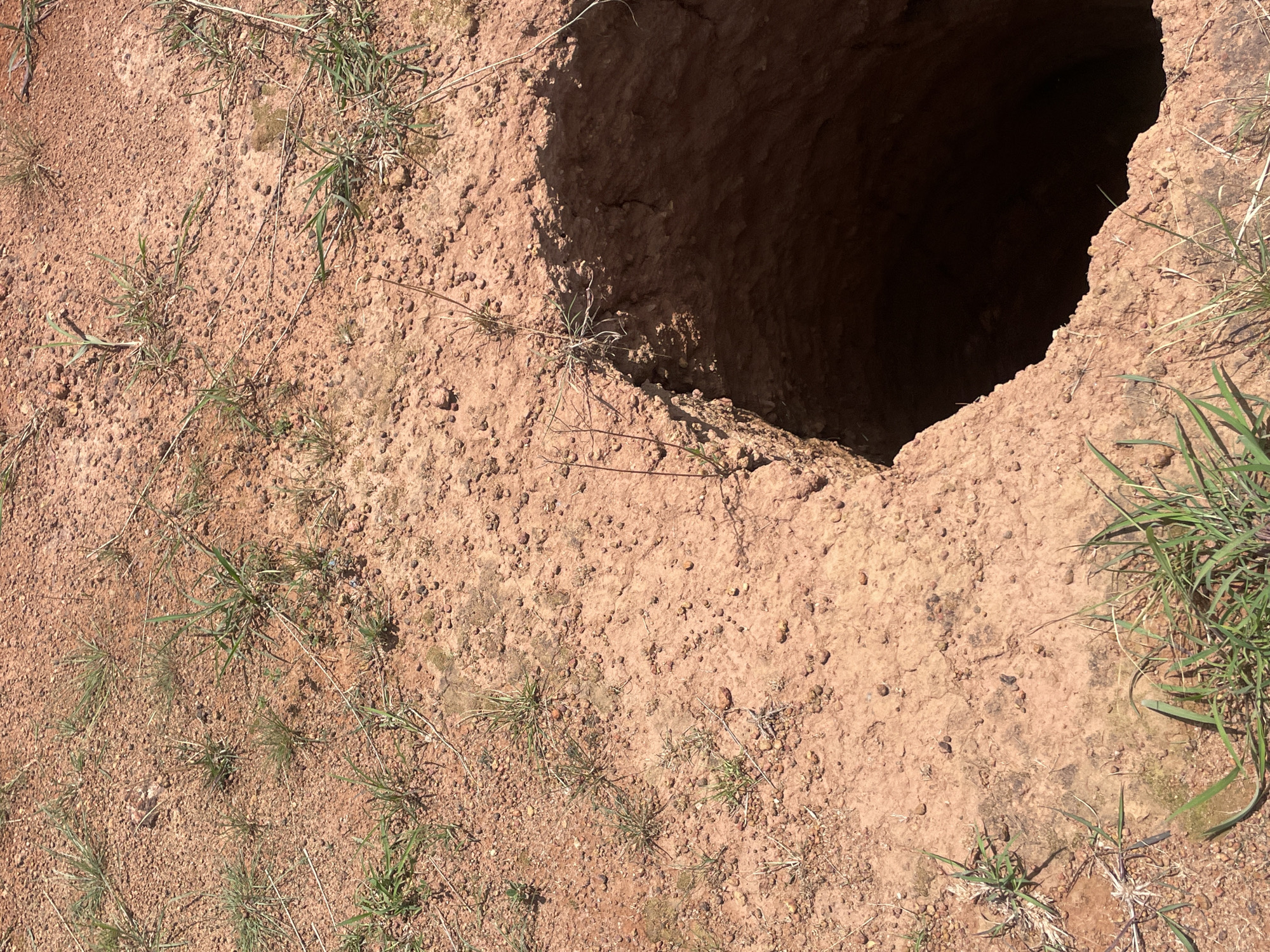 A close-up, high-angle outdoor shot shows a dark hole in the reddish-brown soil of Jos, Nigeria. The hole appears to be a burrow or sinkhole and takes up the lower right portion of the frame. The surrounding ground is mostly barren, with small stones and patches of dry grass scattered across its surface. The light suggests it is daytime, and the sun casts a shadow on the edge of the hole. There are no people or animals visible in the image.
