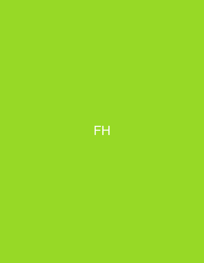 The image displays a solid, vibrant lime green background. In the exact center of this monochromatic field, the uppercase letters 'FH' are presented in white, unembellished sans-serif font. There are no other discernible elements, subjects, people, objects, actions, interactions, or environmental features depicted within the visual frame. The location for this image is Casablanca, Morocco.