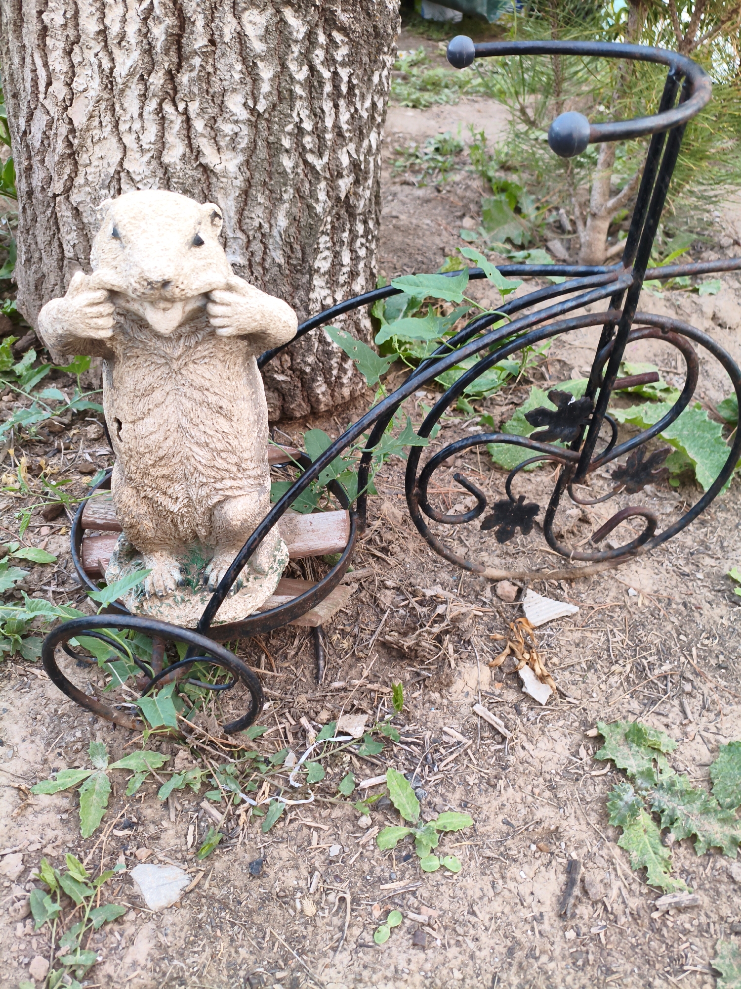 The image depicts a static outdoor scene. A garden figurine of a groundhog, made of a light-colored material, stands upright on a wooden base. The figurine is positioned next to the trunk of a large tree with rough bark. A black wrought-iron decorative bicycle is placed in front of the figurine, its wheels partially obscured by the ground and vegetation. The bicycle features a decorative design with leaf motifs. The ground is covered with dry soil, scattered leaves, twigs, and some green plants. In the background, there are more trees and vegetation, suggesting a natural or garden setting. The overall impression is one of a still-life arrangement in an outdoor environment. There are no visible people or animals in the image, and no actions or interactions are taking place. The lighting suggests it is daytime. The location is specified as Ақсуат ауылдық округі, Kazakhstan, implying a rural or semi-rural setting within that administrative region.
