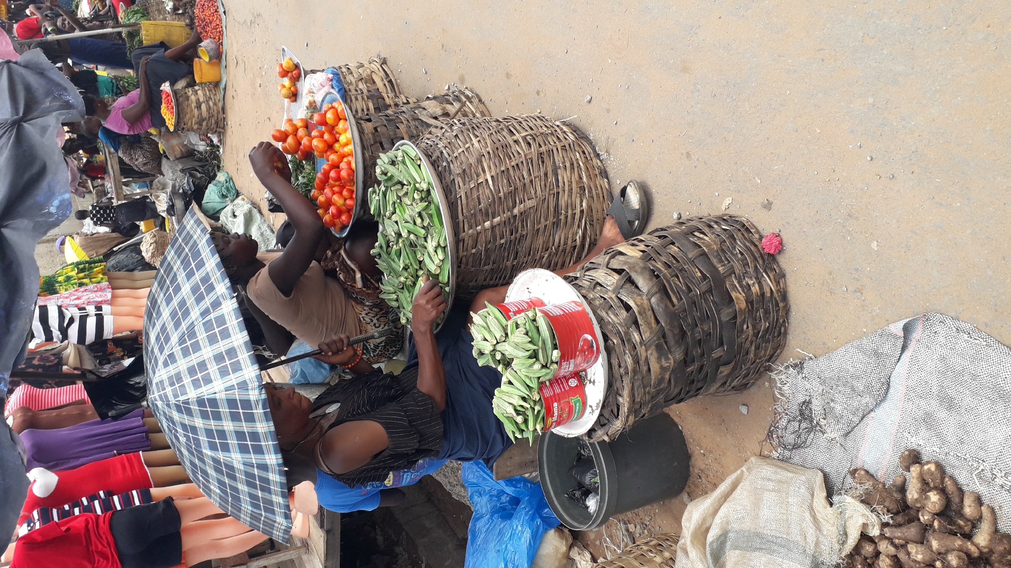 The image depicts a bustling marketplace in Onitsha, Nigeria. Vendors are selling various goods, including tomatoes, okra, and yams. Some vendors are using umbrellas to shield themselves from the sun. People are interacting, seemingly buying and selling produce. The scene showcases a lively atmosphere typical of a market in a West African city.