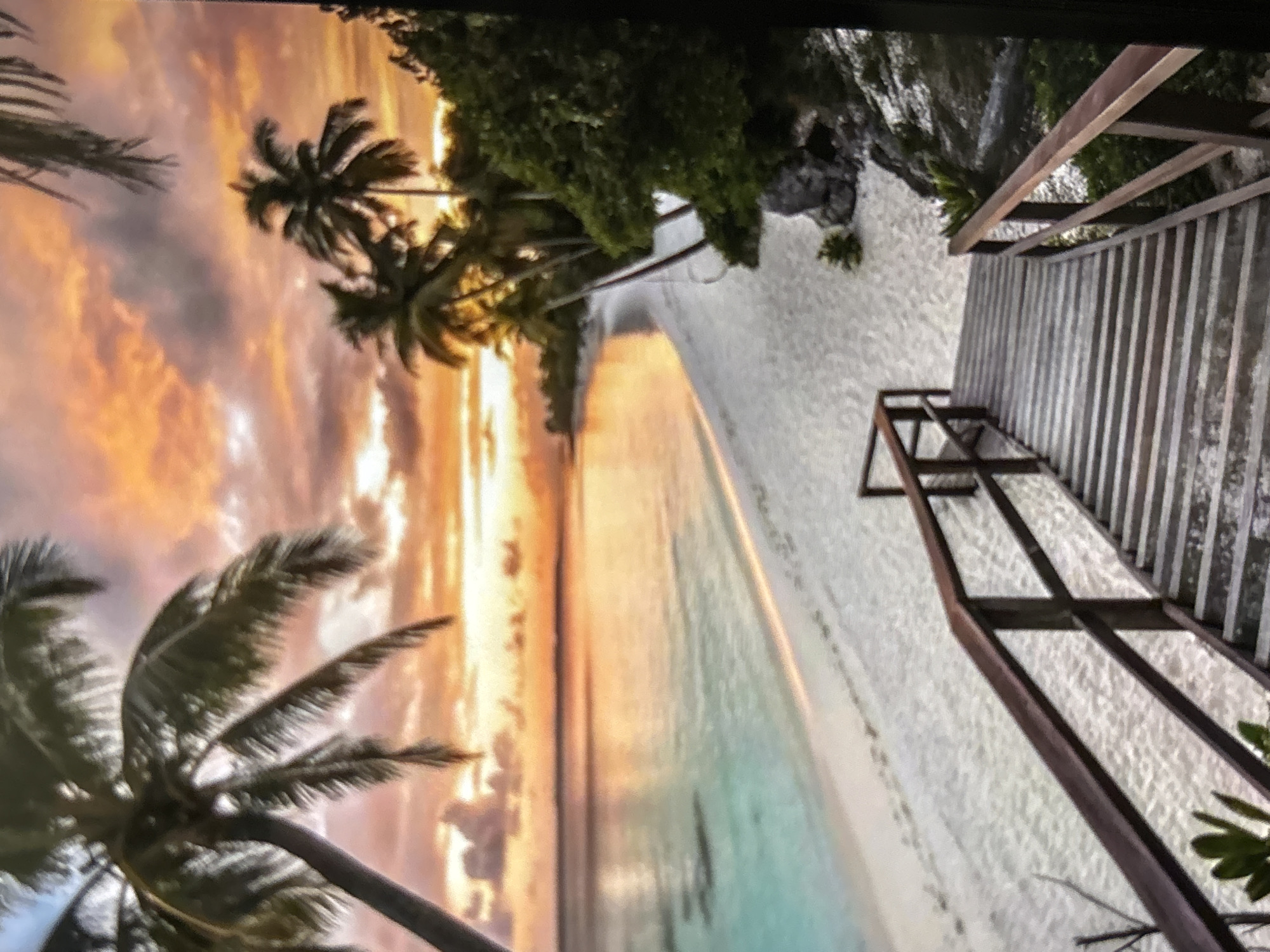 The image depicts a tropical beach scene at sunset, not in Belopoptsi, Bulgaria. Palm trees line the beach under a sky with orange and pink hues. The water is a clear turquoise color. Wooden steps lead down to the beach from a higher level. There are no people visible.