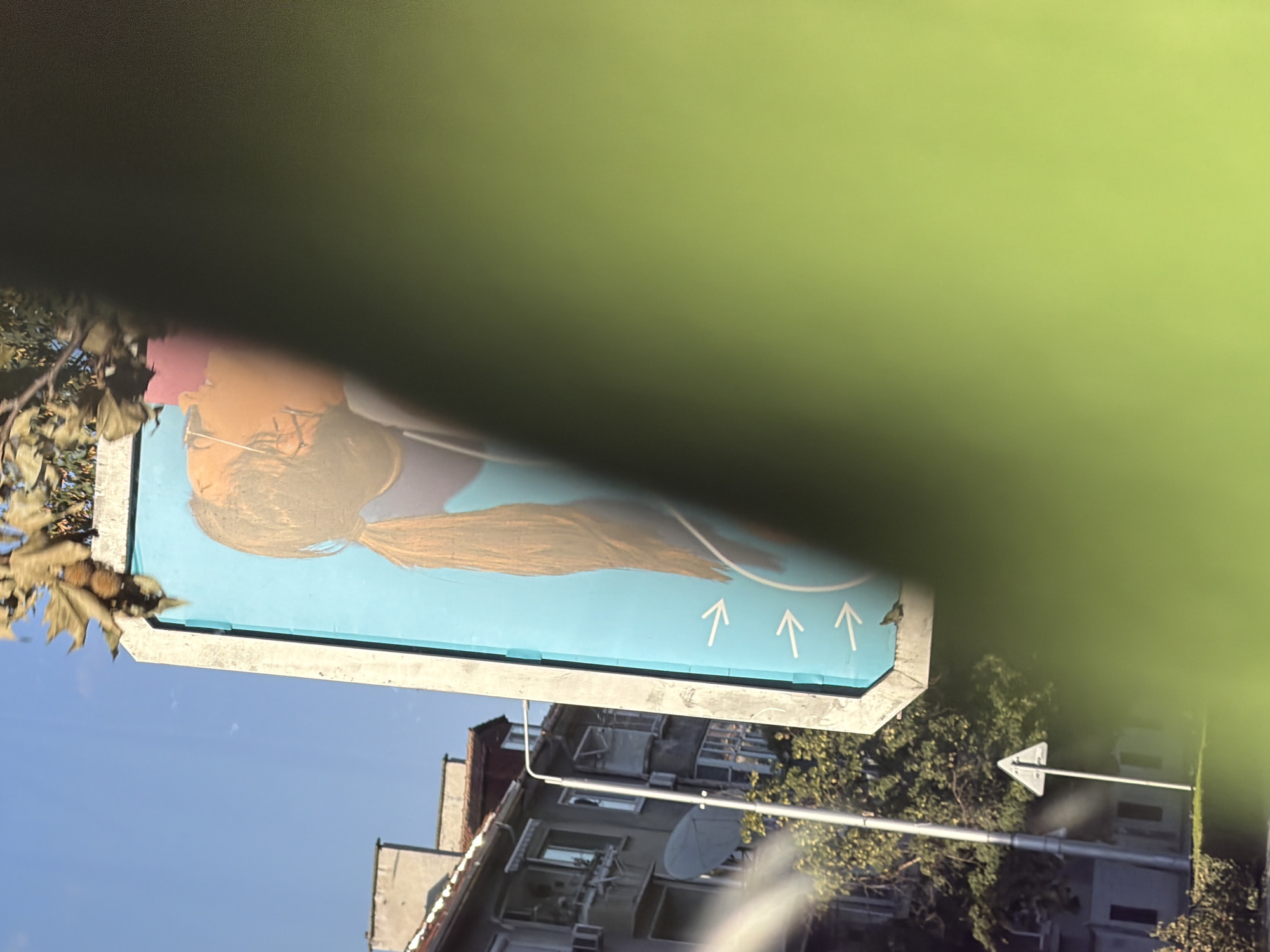 The image shows a billboard in Plovdiv, Bulgaria, featuring a close-up of a person's head from the neck up, with their face turned away from the camera. The billboard has a blue background with three white arrows pointing to the right. A tree with brown leaves partially obscures the top of the billboard. In the background, there are several apartment buildings, a street light, and a triangular road sign. The overall scene is an outdoor urban environment on a sunny day, with a large portion of the foreground blurred with green.