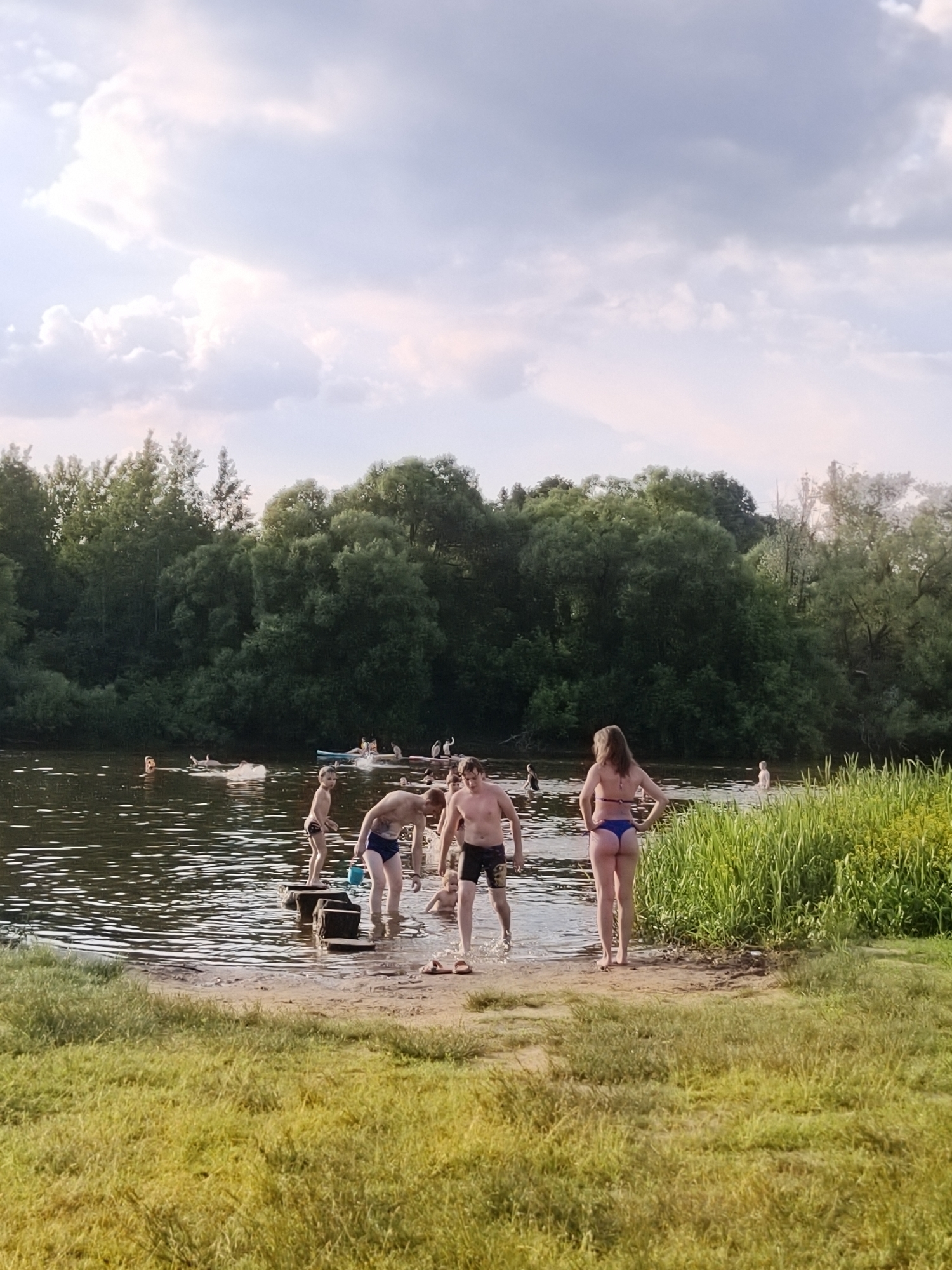 A group of people are enjoying a summer day at a lake or river. The scene is set in a natural environment with trees lining the water's edge and lush green grass in the foreground. The sky is partly cloudy, suggesting a warm day.
In the water, several individuals are swimming or wading. Some are standing on wooden logs or planks that extend into the water, possibly as a makeshift dock or diving platform. A woman in a blue bikini stands on the sandy shore, facing away from the camera, while a man in swimming trunks walks towards the water. Other people are visible in the background, some further out in the water and others near the shore. The water appears calm, with ripples suggesting movement. A small blue bucket is visible near some wooden logs in the water. The overall atmosphere is one of leisure and recreation.