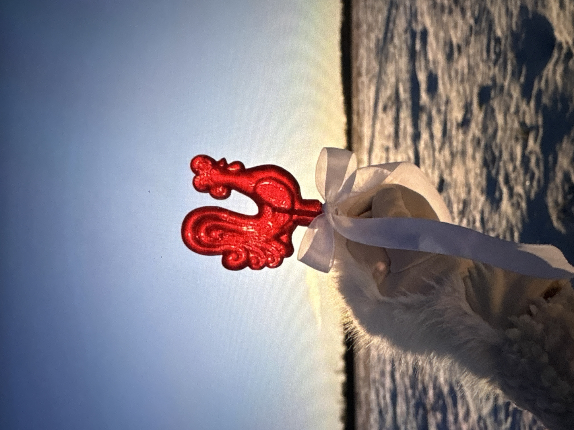 The image depicts a red rooster-shaped lollipop tied with a white ribbon, held against a sky gradient background in Ембаево, Russia. The lower portion of the frame shows a snowy landscape.