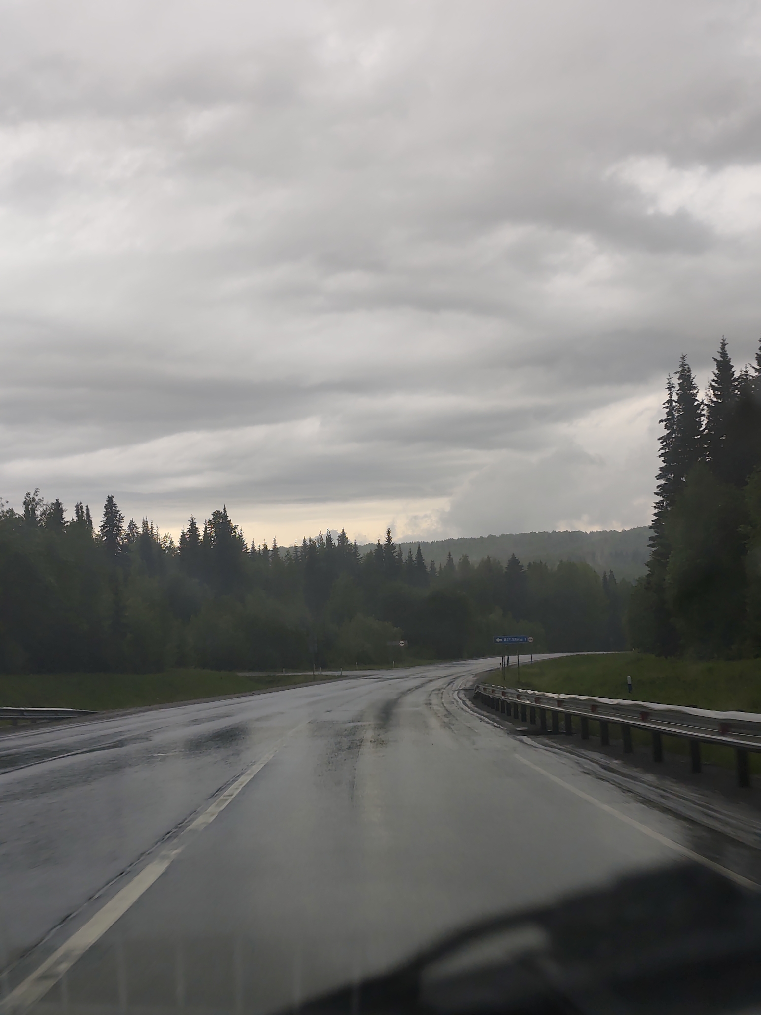 The image depicts a rain-slicked road winding through a forested area under a heavily overcast sky. The road surface is reflective, indicating recent or ongoing rainfall. A metal guardrail runs along the right side of the road. A blue sign, likely a road sign, is visible on the right side of the road. According to the text on the sign, the location is "Vetlyany", Russia. The surrounding area is densely wooded with evergreen trees. The overall scene conveys a sense of rural isolation and inclement weather.