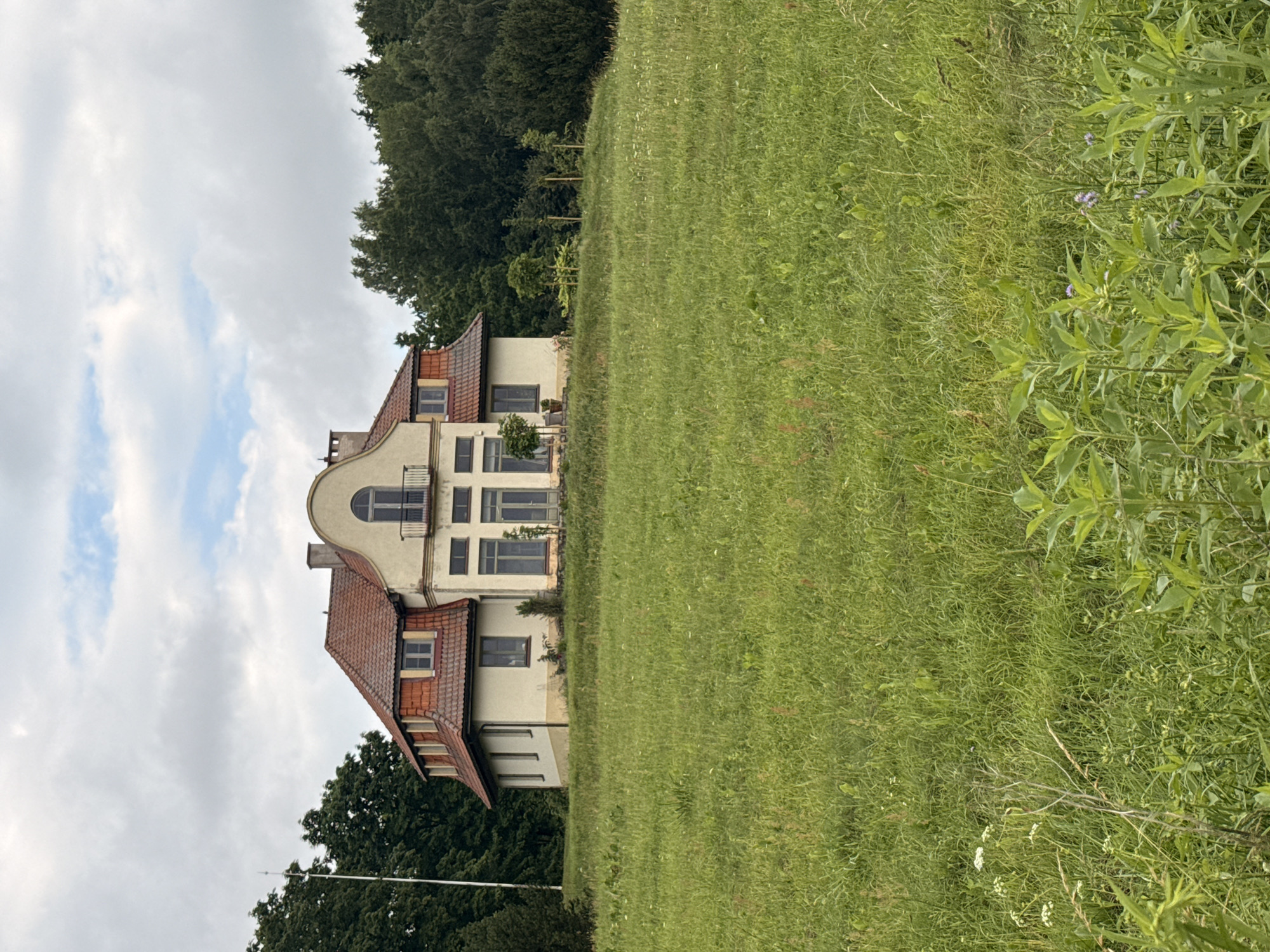 The image shows a large, light-colored house with a red tiled roof, situated on a grassy hill. The house has multiple windows, a balcony, and appears to be surrounded by trees. The foreground of the image is dominated by a field of tall green grass with some wildflowers. The sky is overcast with scattered clouds. The location is Aukštieji Rusokai, Lithuania.