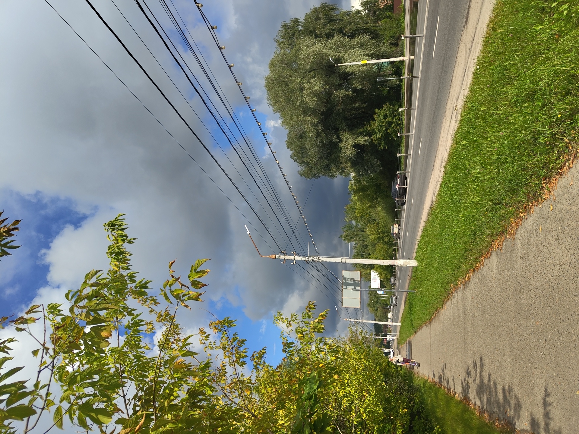 In Dergayevo, Russia, a sunny day is punctuated by dramatic, dark clouds. A paved sidewalk, fringed with vibrant green grass and fallen autumn leaves, runs alongside a tree-lined road. On the sidewalk, a person rides a scooter. Cars travel on the road, which is marked with white lines and bordered by metal posts and wires. Overhead, numerous black wires are strung across the sky, some adorned with small lights. A large, leafy tree stands prominently on the right side of the road.