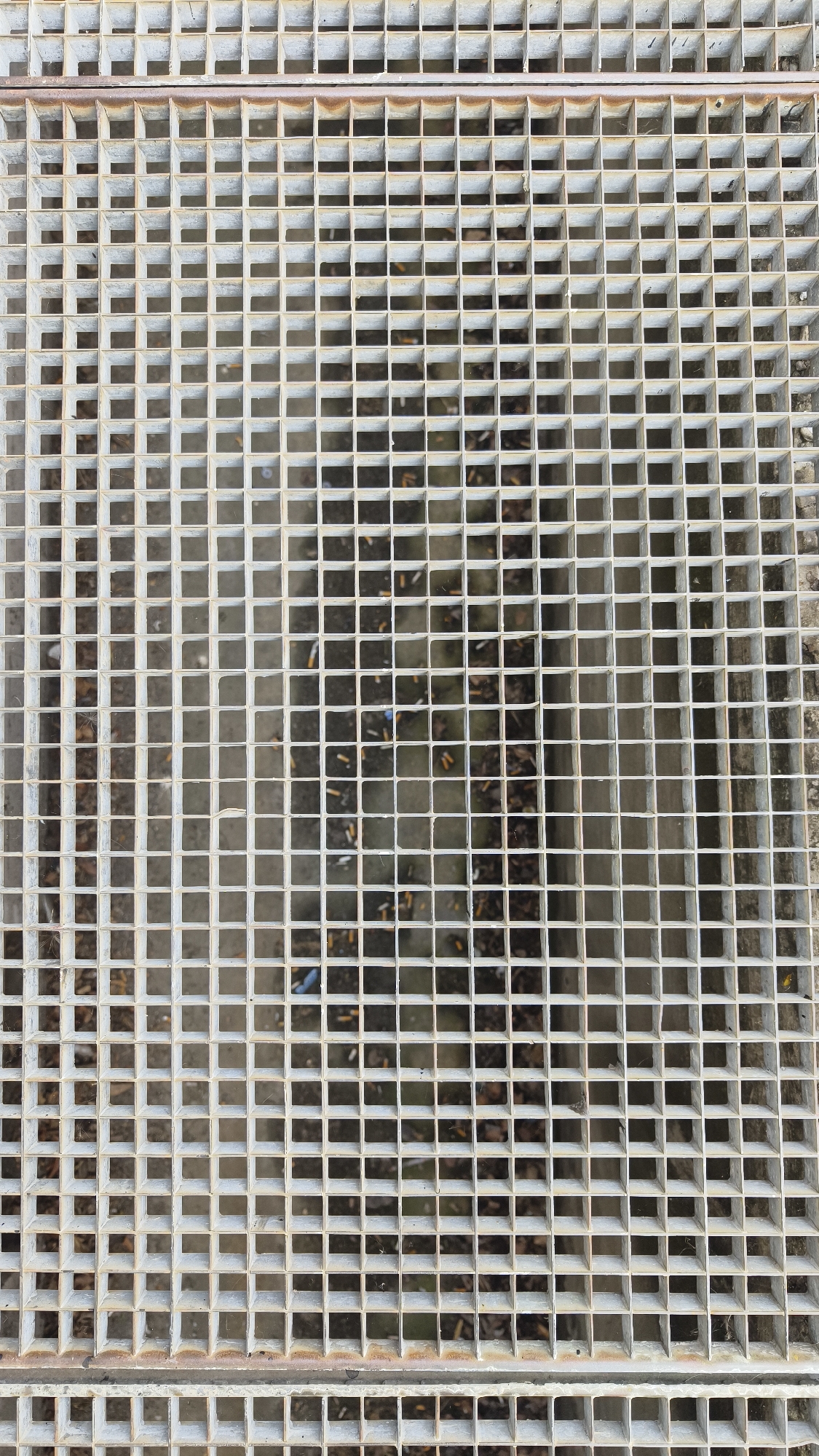 The image shows a close-up, overhead view of a metal grate covering a surface below. The grate is composed of a grid of square openings. Below the grate, debris is visible, including what appear to be cigarette butts and fallen leaves. The overall color of the grate is a dull, light gray, suggesting it may be made of weathered metal. The scene is devoid of any human presence.
This image does not contain specific visual information that would allow for the identification of its location within Vienna, Austria. There are no landmarks, street signs, or other identifying features present.