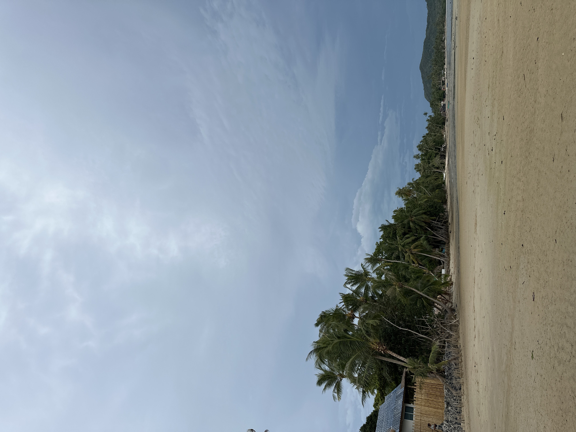 The image shows a beach scene in ตำบลเกาะพะงัน, Thailand. The sky is blue with light clouds. A sandy beach occupies the right side of the frame. A line of palm trees borders the beach. A small structure is visible at the lower-left corner. A mountain can be seen in the background.