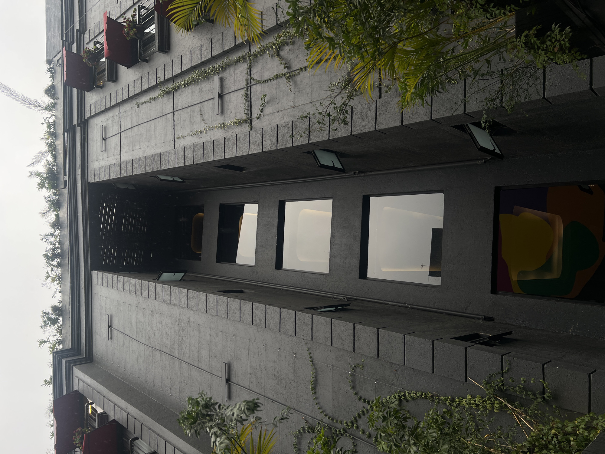 A low-angle shot captures a tall, gray building in Mexico City, Mexico. The facade features a mix of textures, with protruding rectangular blocks along the edges, and smooth surfaces in between. Vines and various green plants cascade down the walls, adding a touch of nature to the urban structure. Windows are visible, reflecting light and offering glimpses of the interior. The sky is overcast, contributing to the overall gray tones of the scene.