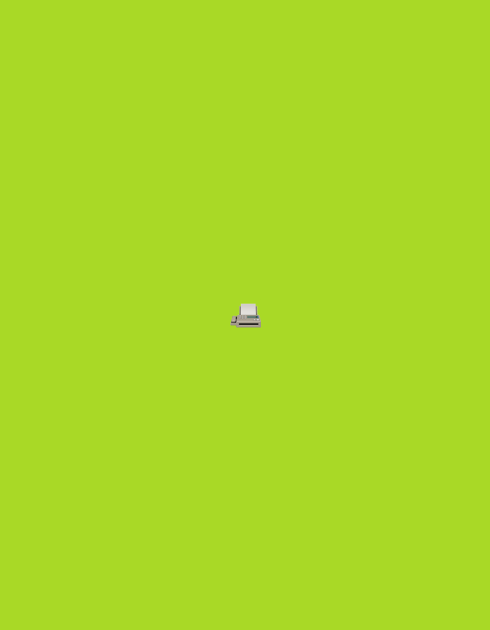 The image is a minimalist depiction of a light gray 3D rendering of a compact printer with a small gray rectangular object, possibly a power supply or cable, positioned to its right, all set against a uniform, vibrant lime green background. The objects are centrally located and appear to be floating in the middle of the frame. The scene does not depict any specific location in Moscow, Russia, or any other identifiable real-world environment. There are no people, actions, or interactions visible.