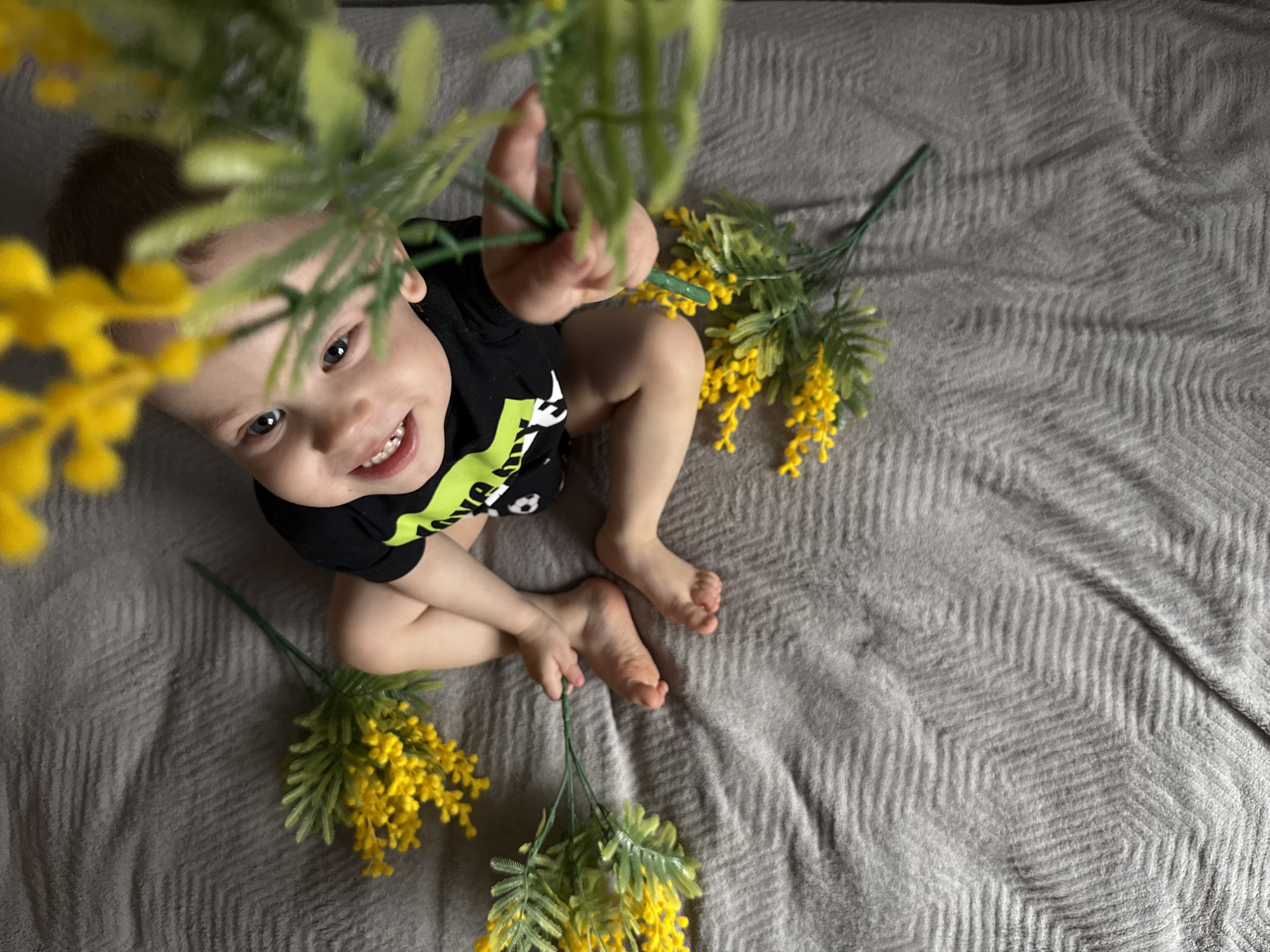 A small child, likely between 1 and 3 years old, is sitting on a grey, textured blanket. The child is wearing a black shirt with neon green and white designs, and is surrounded by four sprigs of yellow flowers. The child is smiling and has one hand raised towards foliage obscuring the upper left of the frame. The background is the grey blanket, which occupies most of the space in the photo. There is no explicit information indicating the picture was taken in Fedorino, Russia.