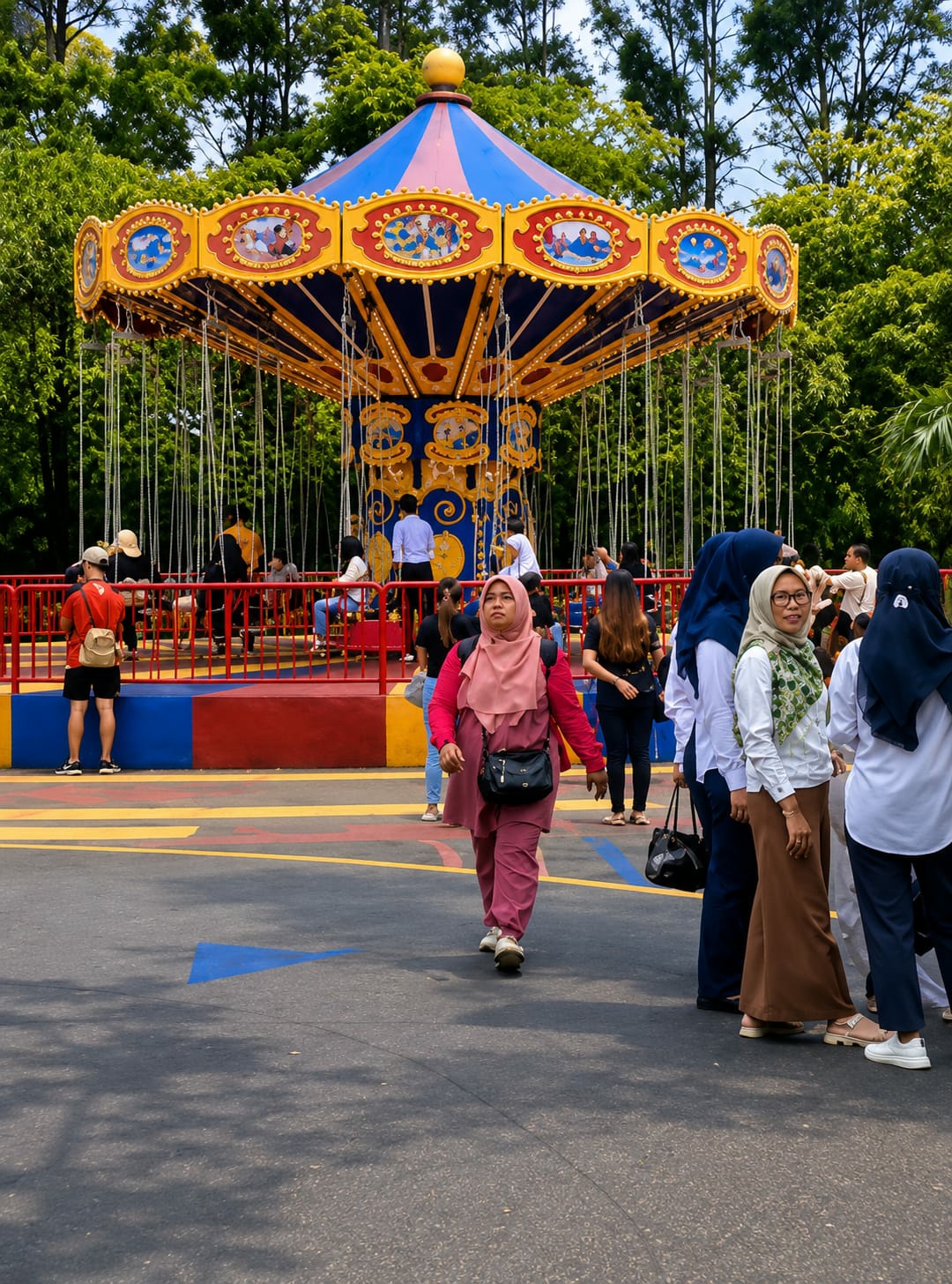 A daytime, eye-level, medium shot captures a group of people walking near a carousel ride. In the background, the vibrant yellow and blue carousel has cartoonish illustrations on its exterior. The carousel is suspended by numerous white chains, and green trees surround the structure.
In the foreground, a woman wearing a pink headscarf and matching pink pants walks away from the camera, a black crossbody bag slung over her shoulder. To her right, a woman with a light green and white patterned headscarf and a brown skirt smiles, standing next to another woman in a dark blue headscarf and a white top. Behind them, a woman in a dark blue headscarf and white top faces away from the camera. Several other individuals, some appearing to be children, are visible further in the background, near the carousel, and within the fenced-off area.
The ground is asphalt with painted yellow and red lines. Blue arrows are painted on the asphalt in the foreground, indicating direction. The scene appears to be an amusement park or recreational area in Bandar Baru, Indonesia.