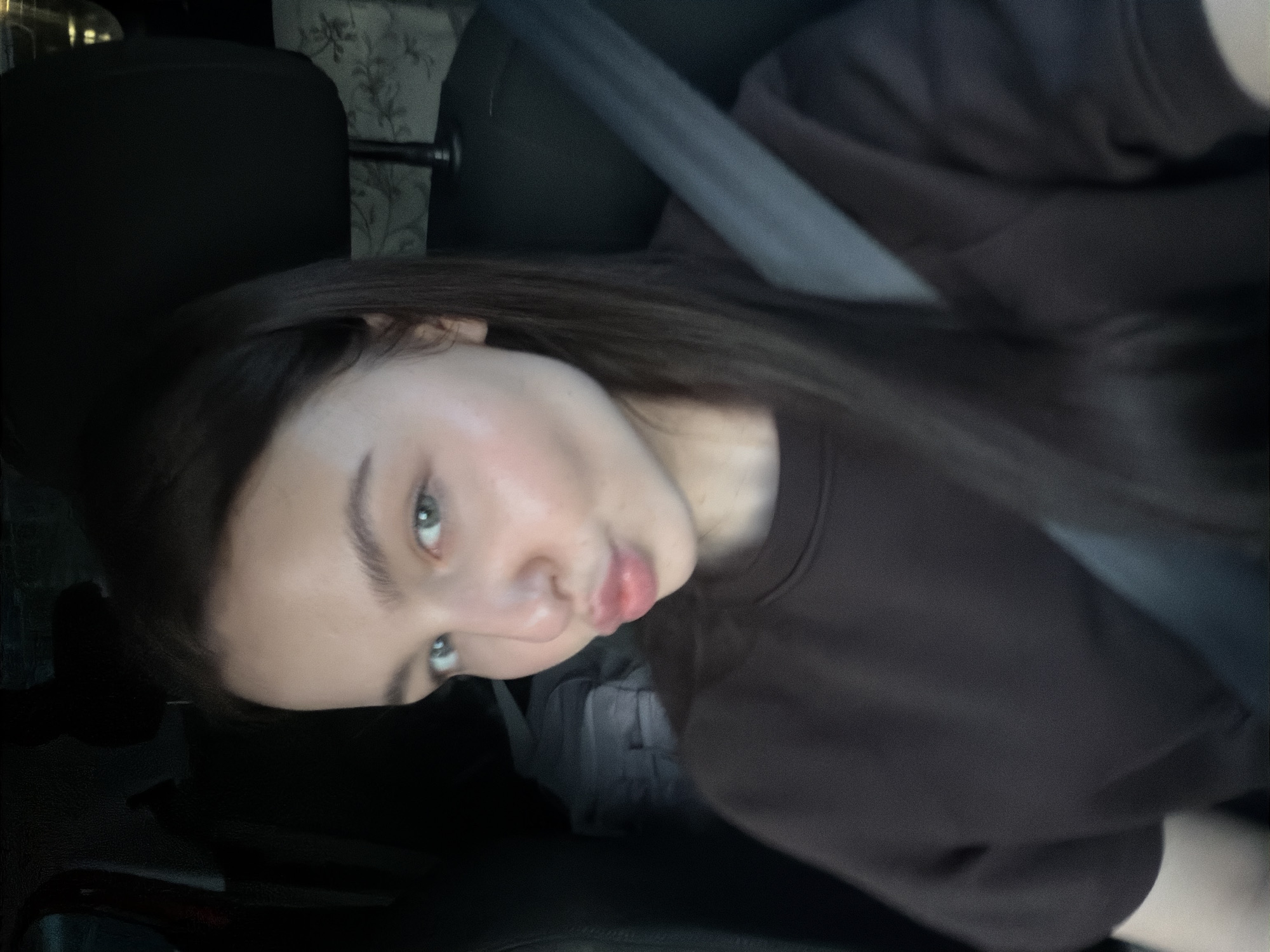 A forward-facing portrait captures an adult female situated within the interior of a vehicle. The individual has dark brown hair, parted on the side, extending over her right shoulder. Her eyes are light in color, appearing blue-green. She exhibits a fair complexion with a visible flush on her cheeks. Her lips are pursed into a prominent pouting expression. She is attired in a dark brown, long-sleeved, crew-neck garment. A dark-colored seatbelt is worn diagonally across her torso, originating from the upper left and extending to the lower right of the frame. The background consists of the vehicle's interior, including a dark headrest visible behind her left shoulder and a segment of a light-colored, faintly patterned fabric (possibly upholstery or a covering) in the upper right background. Ambient light illuminates the subject from her left side. The specific city location of Sofia, Bulgaria, cannot be determined from the visual evidence contained within this image.