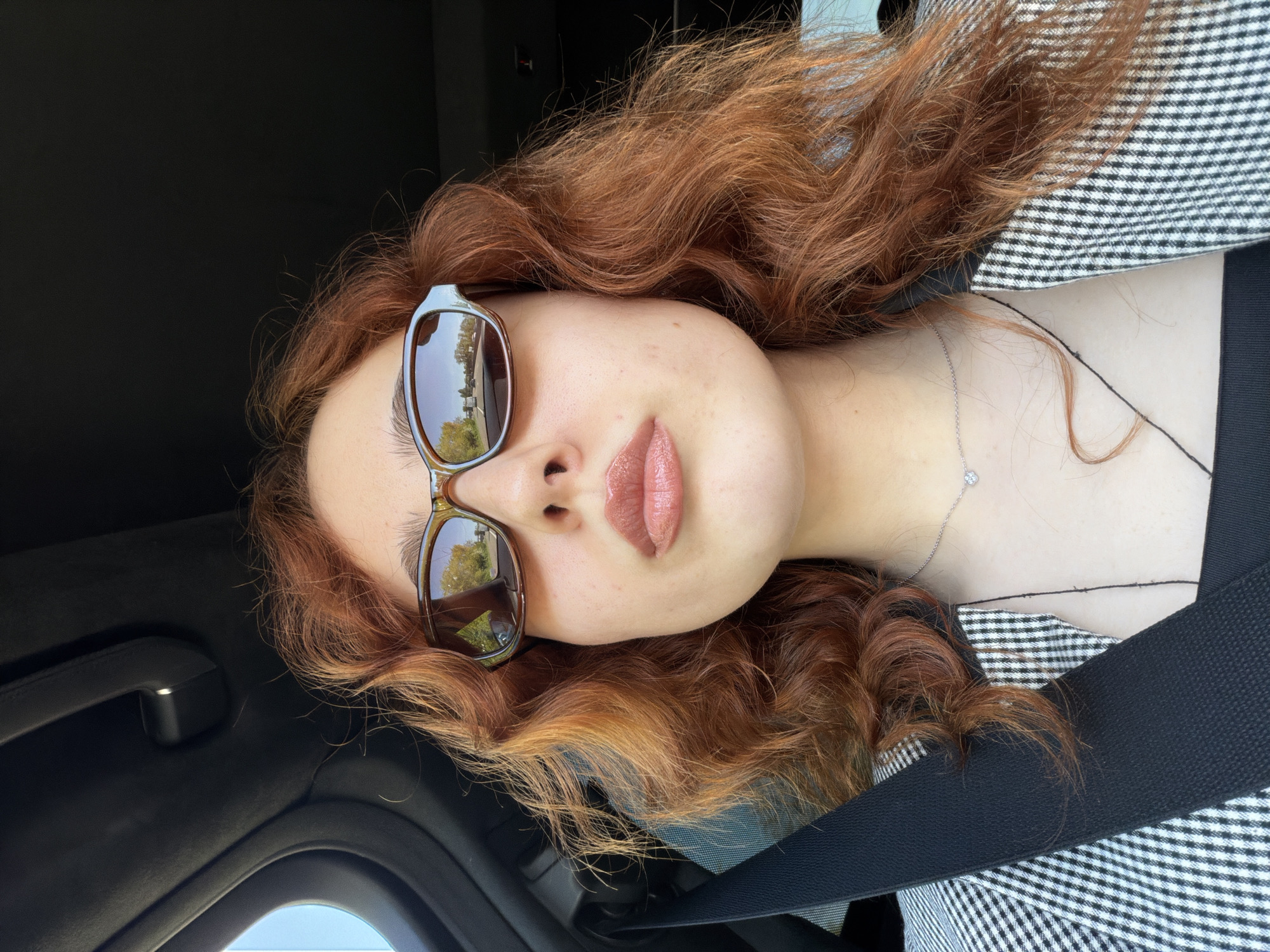 This close-up, portrait-oriented image, rotated 90 degrees counter-clockwise, features an individual with long, wavy, reddish-brown hair. The person is wearing large brown-framed sunglasses with reflective lenses, which obscure their eyes. Their lips are slightly parted, revealing a neutral expression and a glossy, light pink or nude lipstick.
The individual is seated in what appears to be a car, with elements of the vehicle's interior visible. A black seatbelt crosses their chest and shoulder, and a portion of a light-colored, possibly plaid or gingham, garment is visible beneath it. A delicate silver necklace with a small, sparkling pendant rests on their collarbone. The car's dark interior headliner and a grab handle are visible in the top left and bottom right corners of the image (as oriented vertically).
Reflections in the sunglasses show outdoor scenery, including trees and a bright sky, suggesting the photo was taken during the daytime on a bright or sunny day. While the specific location is not visually identifiable from the image content, the provided context indicates Strasbourg, France. There is no visible text in the image.