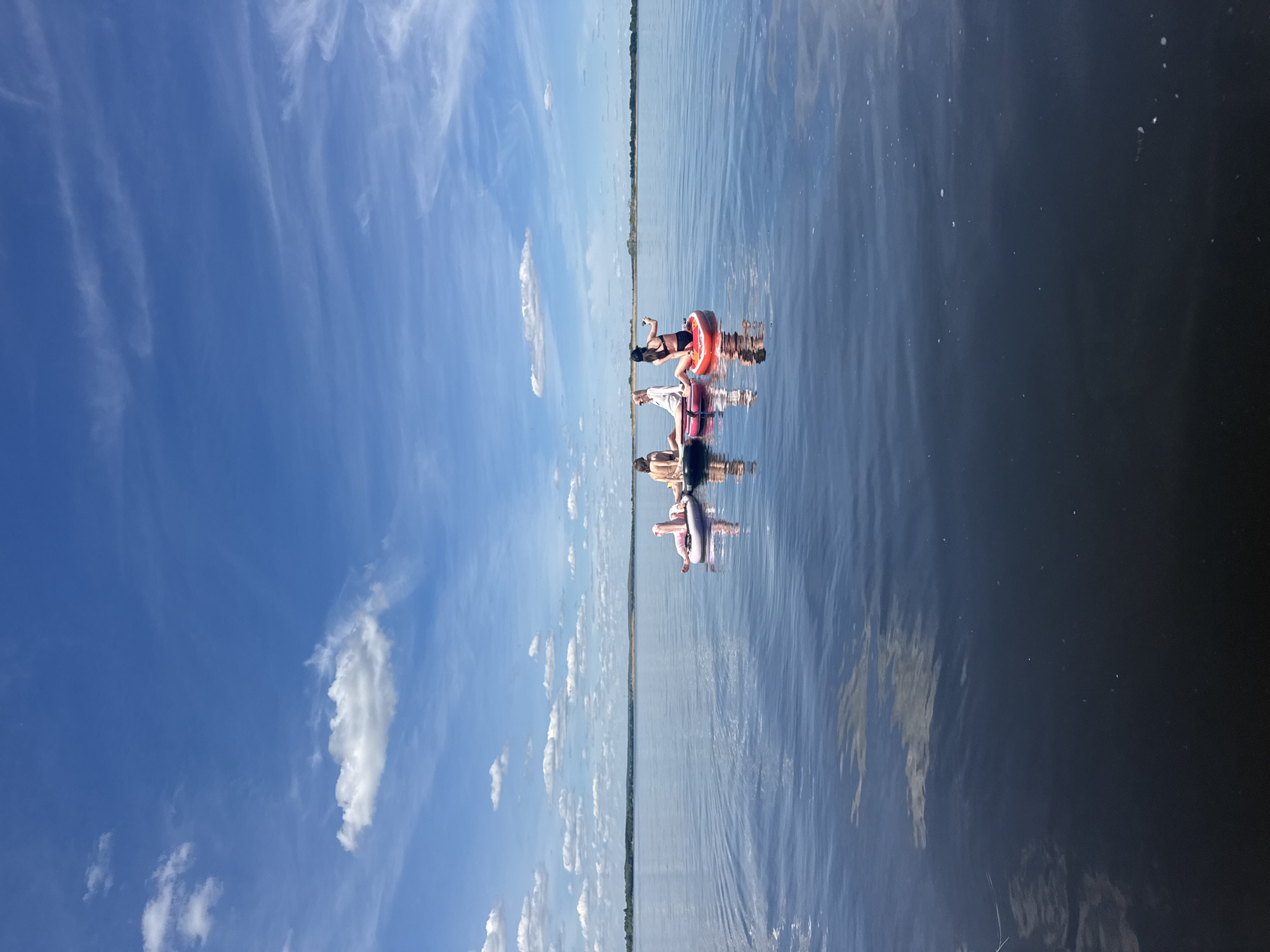 The image depicts a serene horizontal scene of three individuals floating on a calm body of water under a bright blue sky. The sky, occupying the upper half of the frame, is largely clear with scattered wispy cirrus clouds and a few distinct white cumulus clouds. A faint, distant shoreline with a thin strip of land and vegetation defines the horizon line across the middle of the image, separating the sky from the expansive water below.
The water surface is smooth and highly reflective, mirroring the blue sky and clouds. Three people, appearing to be women, are seen relaxing on inflatable floats. On the left, one person in a black swimsuit is positioned on a vibrant reddish-orange inflatable ring, leaning forward. In the center, another individual, dressed in a light-colored outfit, sits on a large, light pink inflatable animal float (resembling a swan or flamingo), with their legs submerged in the water. To the right, a third person, wearing a dark swimsuit, is seen from behind, sitting comfortably on a dark-colored inflatable ring.
The activity clearly shows leisure and recreation on the water, suggesting a pleasant summer day. The bright natural light indicates it is likely midday. The calm water and clear sky point to fair weather conditions suitable for outdoor activities. The setting is consistent with a large lake or wide river, such as the Volga River near Усть-Курдюм, Russia, offering a peaceful and enjoyable environment. There is no visible text in the image. The overall mood is one of tranquility and relaxation.