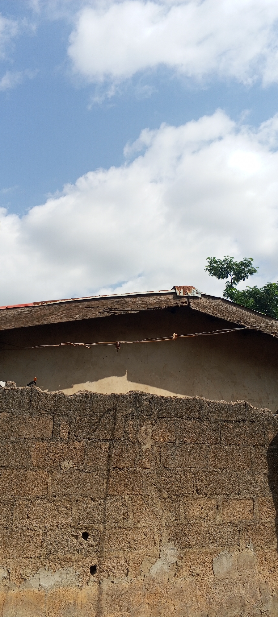 This image depicts the exterior of a building, likely a residential structure, under a cloudy blue sky. The foreground is dominated by a rough, textured brick wall, constructed from light brown, rectangular blocks with visible mortar. The wall shows signs of age and wear, with some areas of unevenness and possibly some staining. Two small, dark holes are visible in the wall, suggesting some damage or natural features.
Above the brick wall, a lighter-colored, possibly stuccoed, wall is visible. This wall casts a large, elongated shadow from an unseen object or structure. A thin, weathered wire is strung horizontally across this section of the building, supported by small insulators or fixtures.
The roofline of the building is visible at the top of the image. It appears to be made of weathered, corrugated metal, with signs of rust and damage, particularly at the peak where a piece of metal has buckled. The roof is sloped and extends across the frame. To the right of the roofline, the green foliage of a tree can be seen against the sky.
The sky above is a bright blue with scattered white clouds, indicating daylight conditions. The overall scene suggests a somewhat rustic or older urban environment. Based on the provided context, this location is identified as Jalingo, Nigeria.