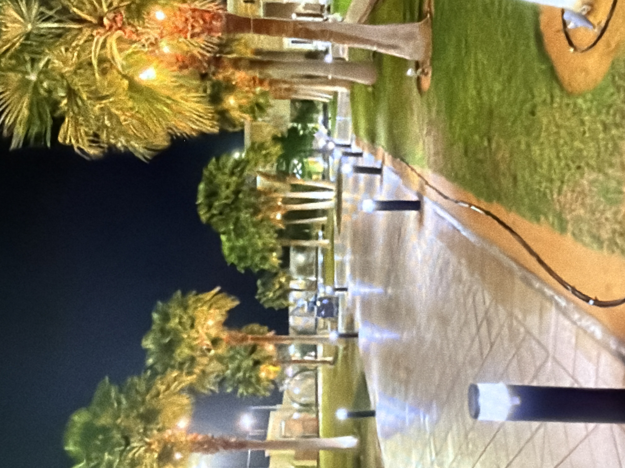 The image shows a nighttime scene in an outdoor area, likely a park or garden, with palm trees illuminated by decorative lights. A paved walkway runs through the center of the scene, lined with small bollard lights. To the right of the walkway is a patch of green grass. In the background, there are buildings and more palm trees, also illuminated. The overall impression is one of a well-lit and maintained outdoor space. There are no people or specific actions depicted in the image. The location is identified as Bukuru, Nigeria.