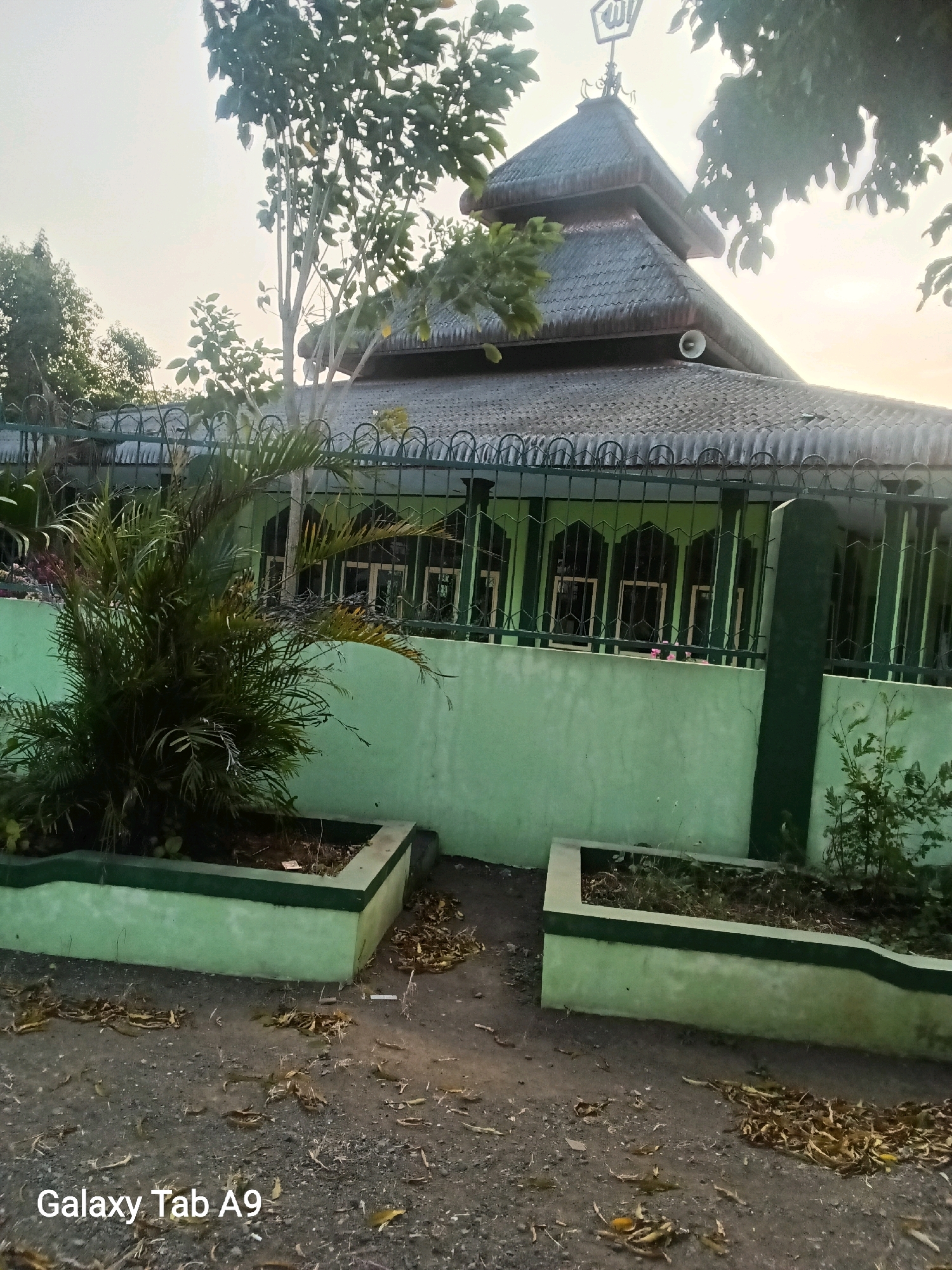 The image depicts the exterior of a mosque, likely located in Kelutan, Indonesia, characterized by its distinctive tiered, dark-tiled roof topped with a crescent moon emblem. The mosque's walls are painted a light green, and an ornate dark green metal fence encloses the property. In the foreground, two raised planters with dark soil and minimal vegetation are visible. One planter contains a lush, leafy palm-like plant. The ground is a mixture of dirt and gravel, with fallen leaves scattered about. The sky above is overcast with a bright, hazy quality, suggesting either early morning or late afternoon light. There are no people visible in the image. The "Galaxy Tab A9" watermark is present in the bottom left corner.