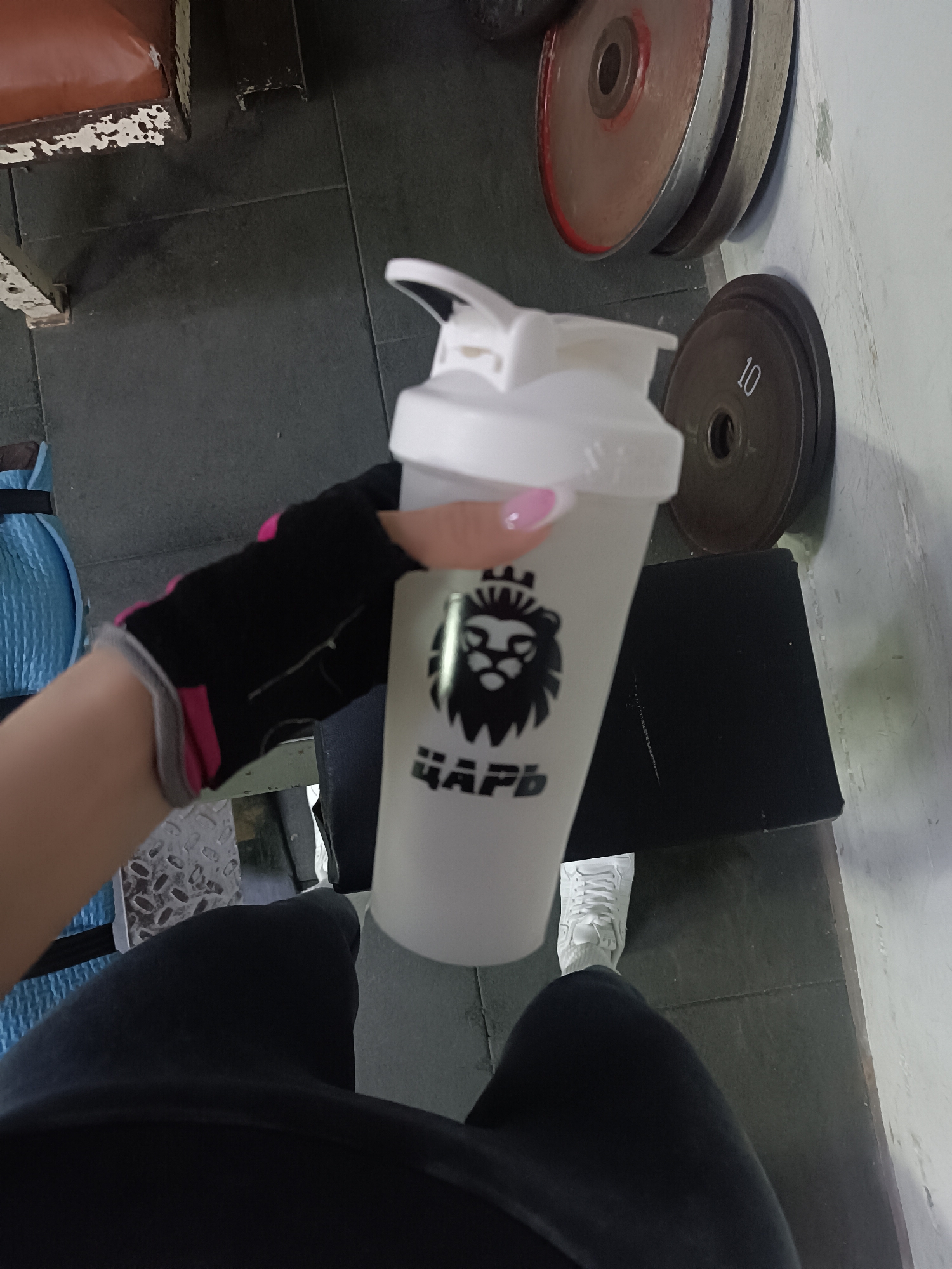 A close-up, high-angle shot captures a person holding a white shaker bottle in what appears to be a gym or fitness facility. The person is partially visible, showing their left arm, hand, and legs. They wear a black fingerless gym glove with pink accents on their left hand, and their nails are painted a light pink. The white shaker bottle features a black logo of a crowned lion's head, with the Cyrillic word "ЦАРЬ" (Czar/King) printed beneath it.
The setting includes various pieces of gym equipment. To the right of the person, several circular weight plates are stacked against a light-colored wall, including red, silver, and black plates. One black plate clearly displays the number "10". In the upper left of the frame, a worn piece of gym equipment with a brown or orange padded surface and chipped white paint on its metal frame is visible. The floor is a dark, possibly rubberized or tiled surface, consistent with a gym. A blue textured mat or bag is also visible on the far left. The person wears dark pants or leggings and white sneakers with white laces. The lighting is bright, suggesting an indoor environment.