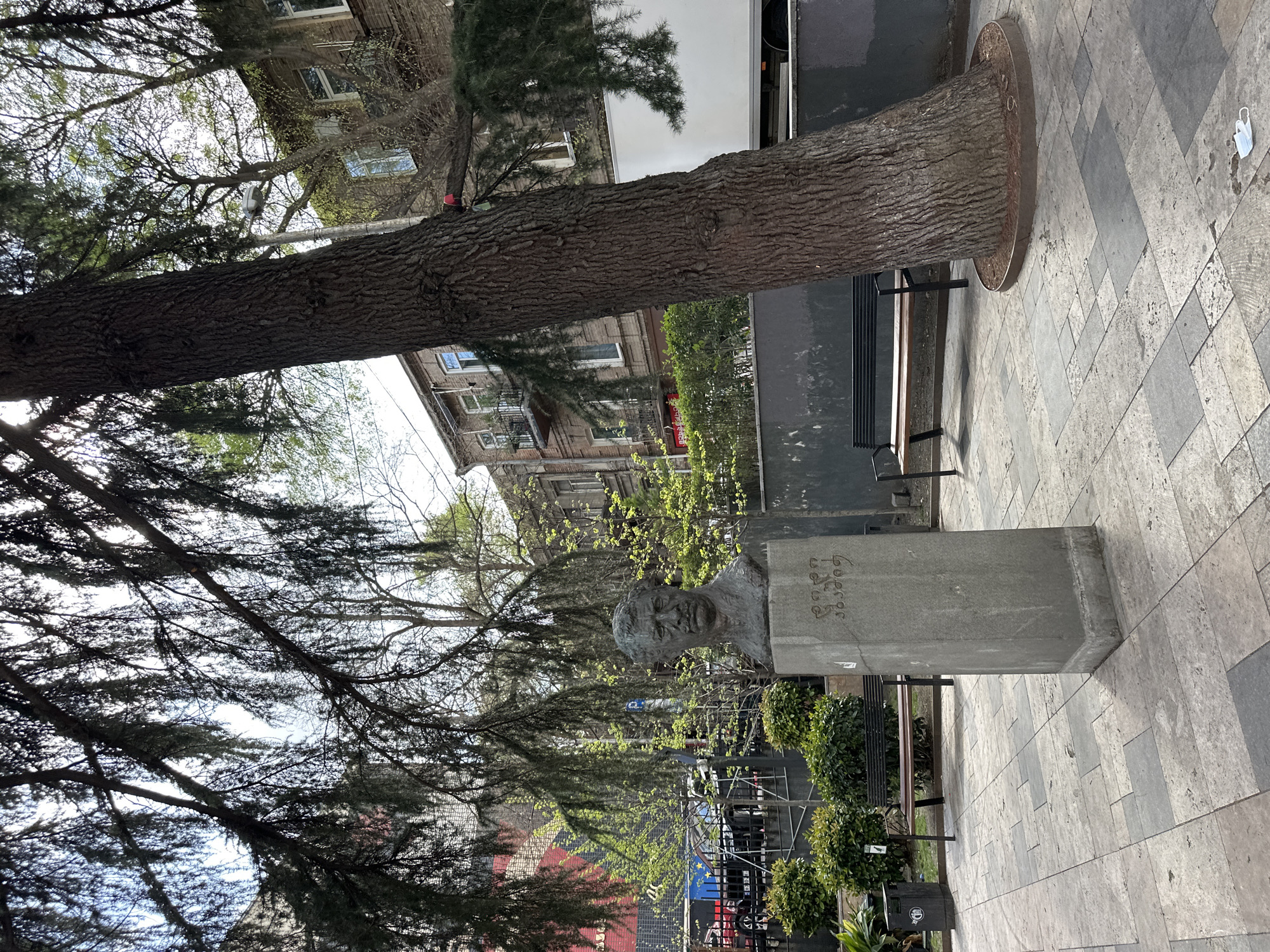 The image depicts a park scene in Tbilisi, Georgia. A bust sits atop a concrete pedestal, positioned to the right of a large tree. Georgian script is visible on the pedestal. A bench is placed beside the tree. Buildings and greenery are visible in the background. The ground is paved with patterned stones.
