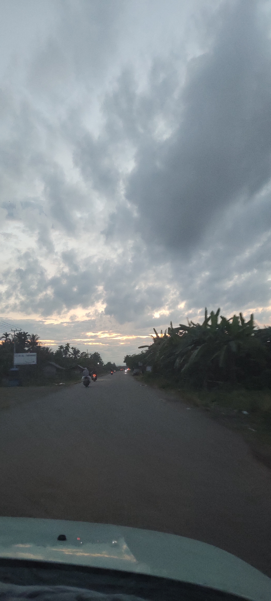 The image depicts a road scene in Meunasahmesjid, Indonesia, likely captured during dusk or early morning. The sky is dominated by heavy, grey clouds, with a subtle strip of warm, orange light visible on the horizon, indicating either sunrise or sunset. The road, which appears to be paved, extends into the distance, with some reflections on its surface in the foreground, suggesting a smooth, possibly wet, texture.
On the left side of the road, various trees and some structures are visible, along with an unidentifiable sign featuring white text on a dark background, the details of which are not legible. A motorcycle with a rider is present in the mid-ground, moving away from the viewer. Further down the road, the faint headlights and taillights of other vehicles suggest ongoing traffic. The right side of the road is lined with dense tropical vegetation, prominently featuring large, lush green leaves resembling those of banana plants. The photograph appears to be taken from inside a vehicle, with a portion of the dashboard or windshield visible in the immediate foreground, showing reflections. The overall ambiance is muted and peaceful, characteristic of twilight hours under an overcast sky.