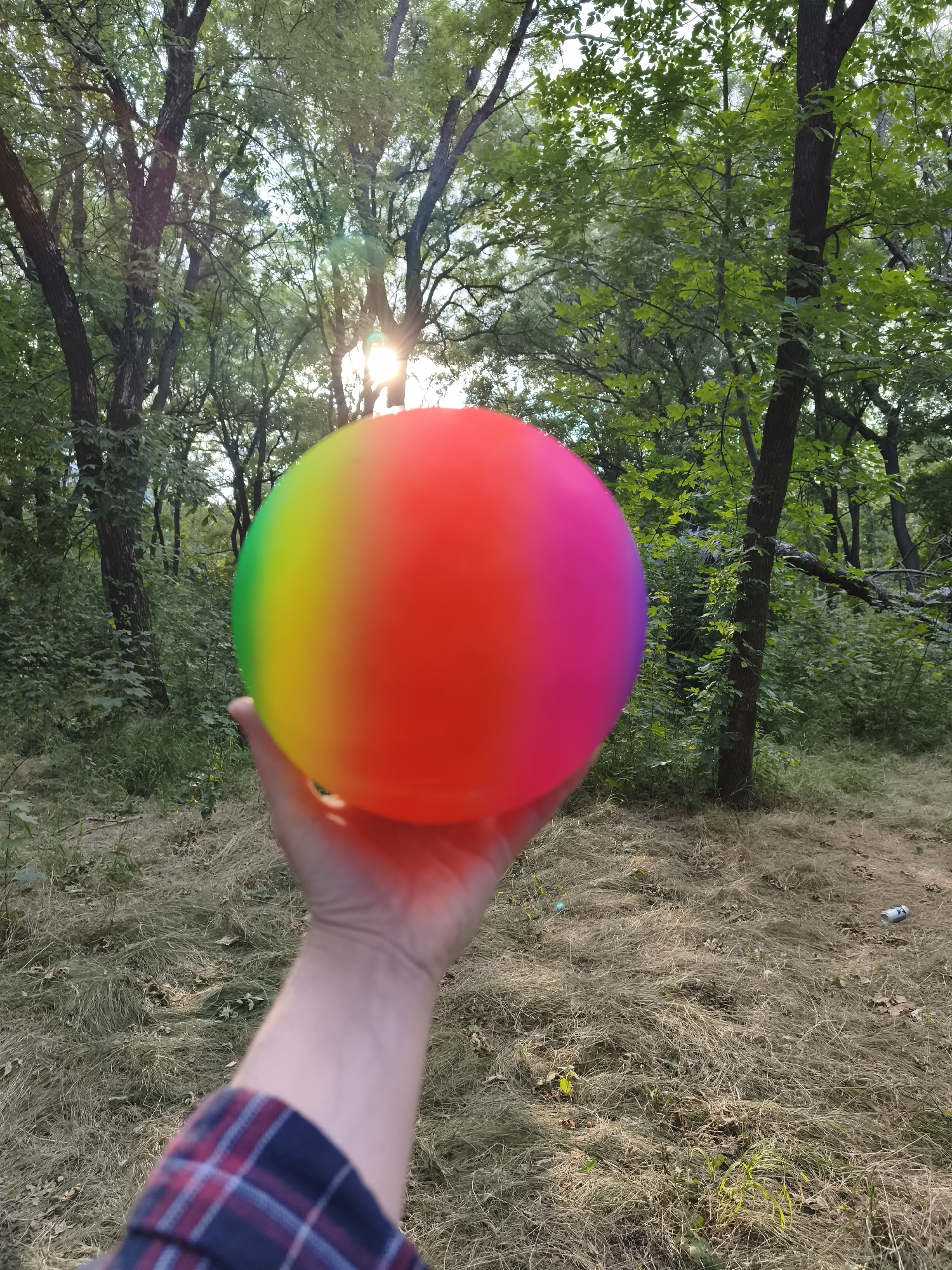 In Sokolivske, Ukraine, a person's hand, clad in a plaid shirt, holds a brightly colored inflatable ball. The ball displays bands of green, yellow, red, and pink. The backdrop is a sun-dappled forest with a path covered in dry grass and fallen leaves. The sun's rays pierce through the canopy, creating lens flares. A discarded can is visible on the ground to the right.