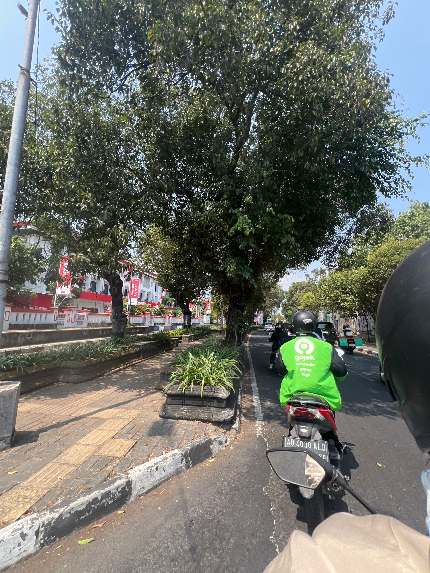 The image shows a street scene in Yogyakarta, Indonesia, likely on a sunny day. In the foreground, the back of a motorcycle is visible, with a person wearing a bright green Gojek jacket and a black helmet. The jacket has the Gojek logo and text that reads "Gojek", "tokopedia", "gopay", and "Jago". The motorcycle's license plate is visible and reads "AD 4030 ALD". The rider is on the right side of the road, which appears to be a multi-lane street.
To the left of the road, there is a sidewalk with a textured pattern, possibly indicating a pedestrian crossing. A raised planter box with green plants runs along the edge of the sidewalk. Further to the left, a pole stands tall, and beyond that, a row of white buildings with red banners can be seen. These buildings appear to be commercial establishments, with some signs displaying the text "Corner". Large trees with dense foliage line the street, providing shade.
In the background, other vehicles are on the road, including cars and motorcycles. The sky is clear and blue. The overall impression is a bustling city street with ongoing traffic and pedestrian activity. The presence of Gojek suggests that this is a service-oriented area within Yogyakarta.