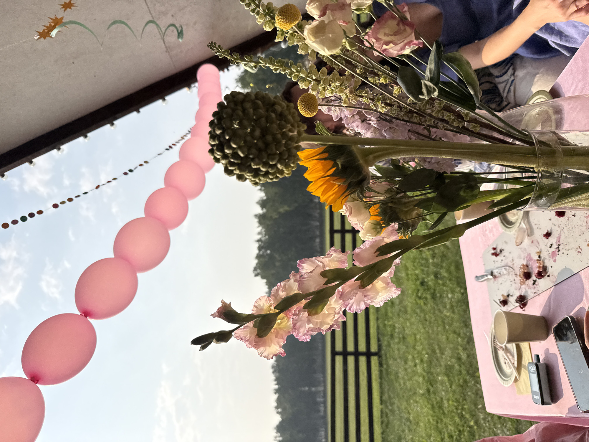 The image depicts an outdoor gathering, likely a picnic or a party, set on a table covered with a pink cloth. A bouquet of flowers, including gladioli, a sunflower, and other delicate blooms, is prominently displayed in a glass vase. The table also features plates with remnants of food, a paper cup, a knife, and electronic devices. In the background, a dark wooden fence runs across a green grassy field, bordered by a dense line of trees against a pale sky. Pink balloons are strung overhead, creating a festive atmosphere. A person in a blue dress is partially visible on the right side of the frame. The overall scene suggests a casual event taking place in a rural or semi-rural setting, possibly in Startsevo, Russia, given the provided context.