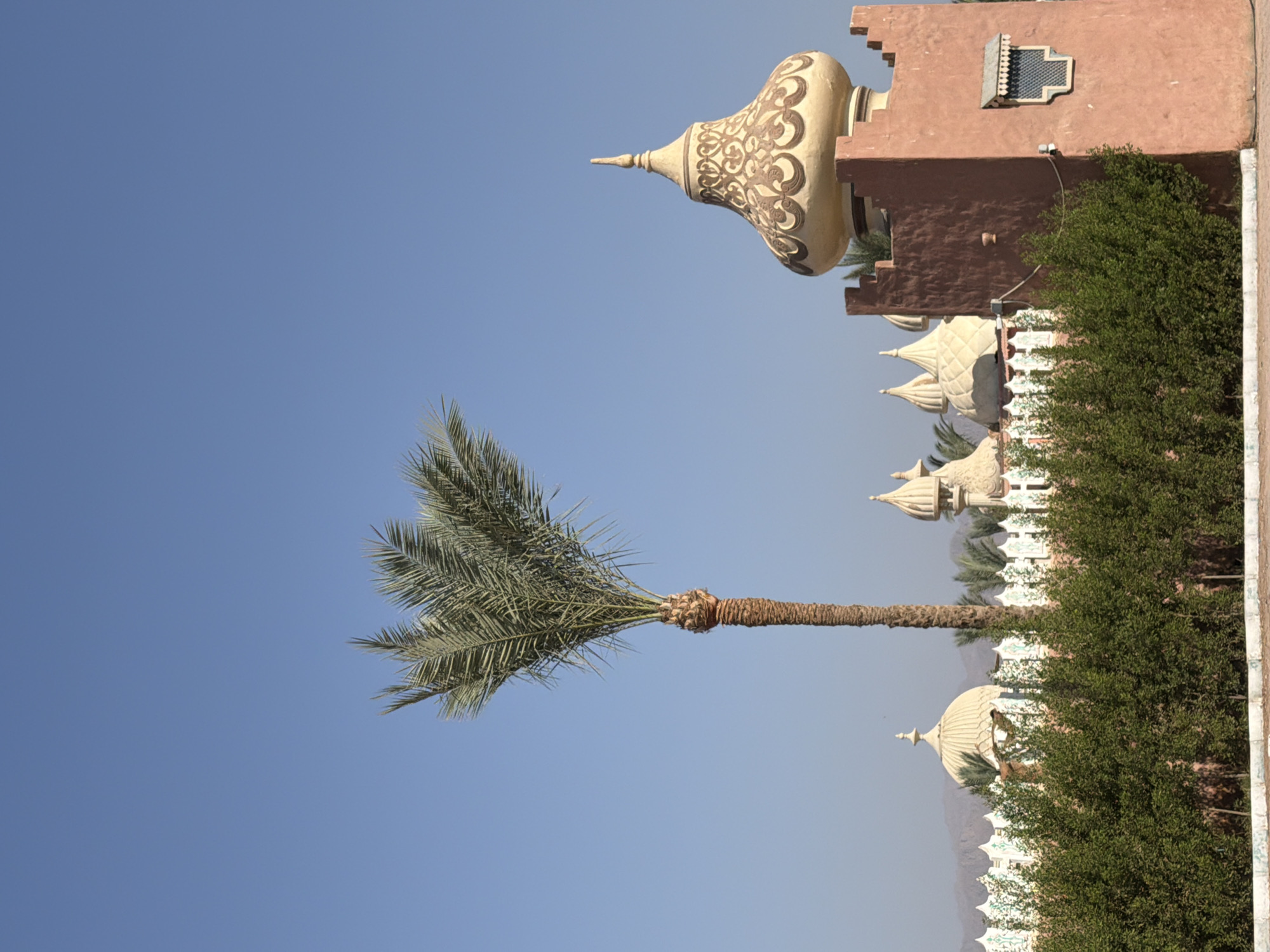The image shows a view of a building with domes and a tower, resembling an Arabian-style palace or mosque, set against a clear blue sky. A tall date palm tree stands to the left of the building, its fronds spread out. In front of the building, there is a low green hedge, and behind it, a decorative white fence with intricate patterns. The building itself is constructed with reddish-pink walls and features several domes of various sizes, some with ornate designs. The tower on the right is square with crenellated battlements and has a small, decorative window. The architectural style suggests a location in the Middle East or North Africa. Based on the architectural style and common tourist destinations in Egypt, this building is likely part of a resort or a themed attraction in Sharm El Sheikh, Egypt, possibly the "Alf Leila Wa Leila" (One Thousand and One Nights) hotel, known for its Arabian-inspired architecture. The scene appears to be captured during the daytime, with bright sunlight casting shadows. There are no people visible in the image. The environment is dry, indicated by the clear sky and the style of architecture. In the background, faint outlines of mountains can be seen under the horizon.