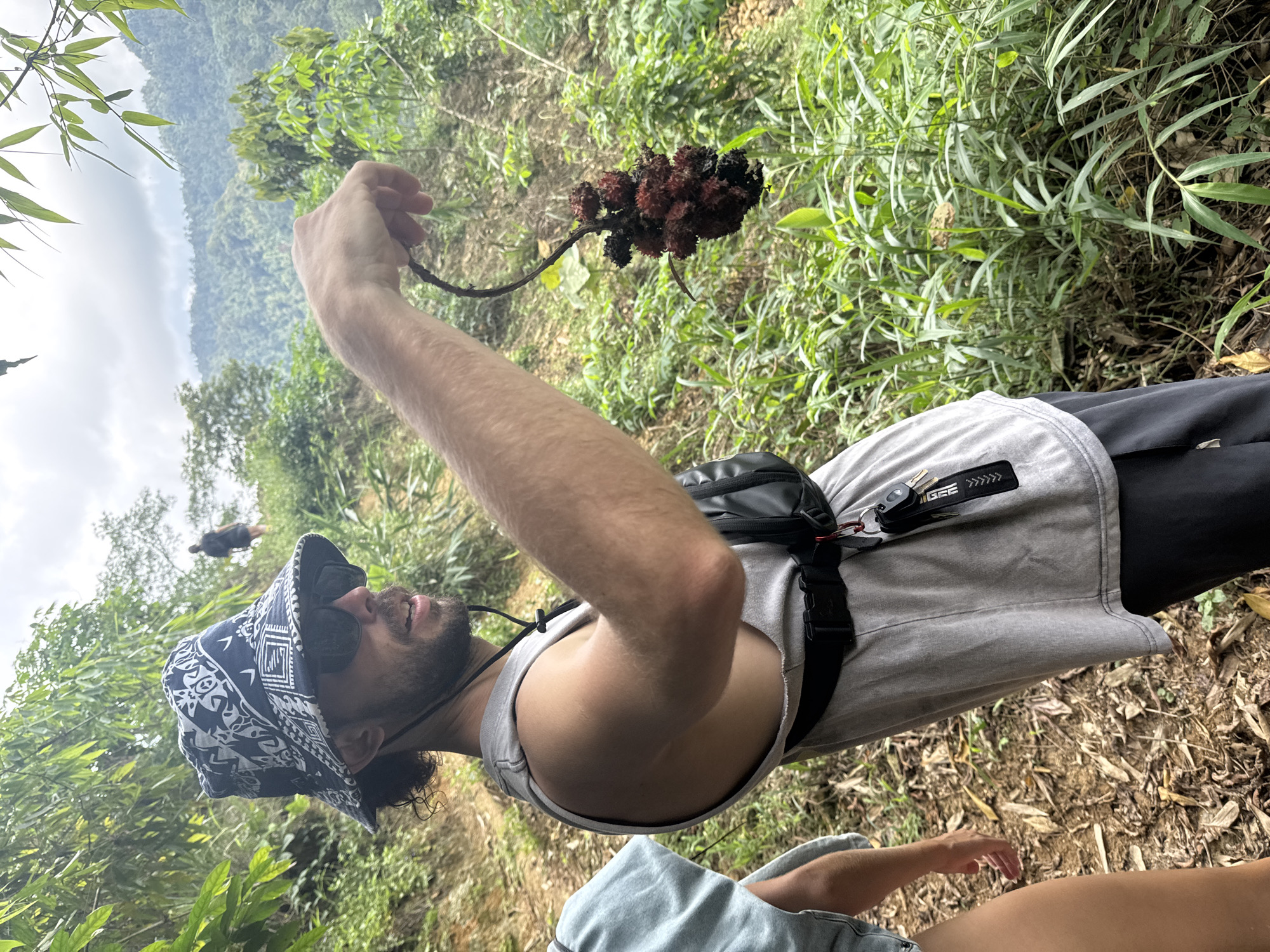 A person wearing a bucket hat and sunglasses is holding a cluster of dark red spiky fruit on a vine. The person is standing outdoors in a green, overgrown area. In the background, there is a misty mountain range. The image was taken in Suối Giàng, Vietnam.