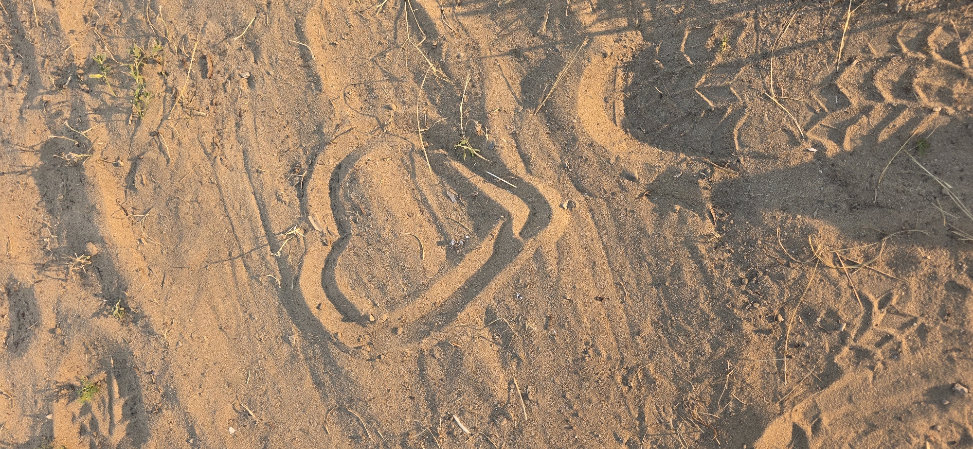 The image shows a close-up view of sand with a heart shape drawn in it. The sand is a warm, golden color, illuminated by what appears to be the low light of sunrise or sunset, casting long shadows across the surface. Sparse, dry grass and small green shoots are scattered on the sand, indicating an outdoor setting with some vegetation. There are also tire tracks imprinted in the sand, suggesting that a vehicle has passed through the area. The overall scene evokes a sense of simplicity and perhaps a touch of romantic sentiment, with the heart shape being the central focus. The location is identified as Nizhnevartovsk, Russia. No text is visible in the image.