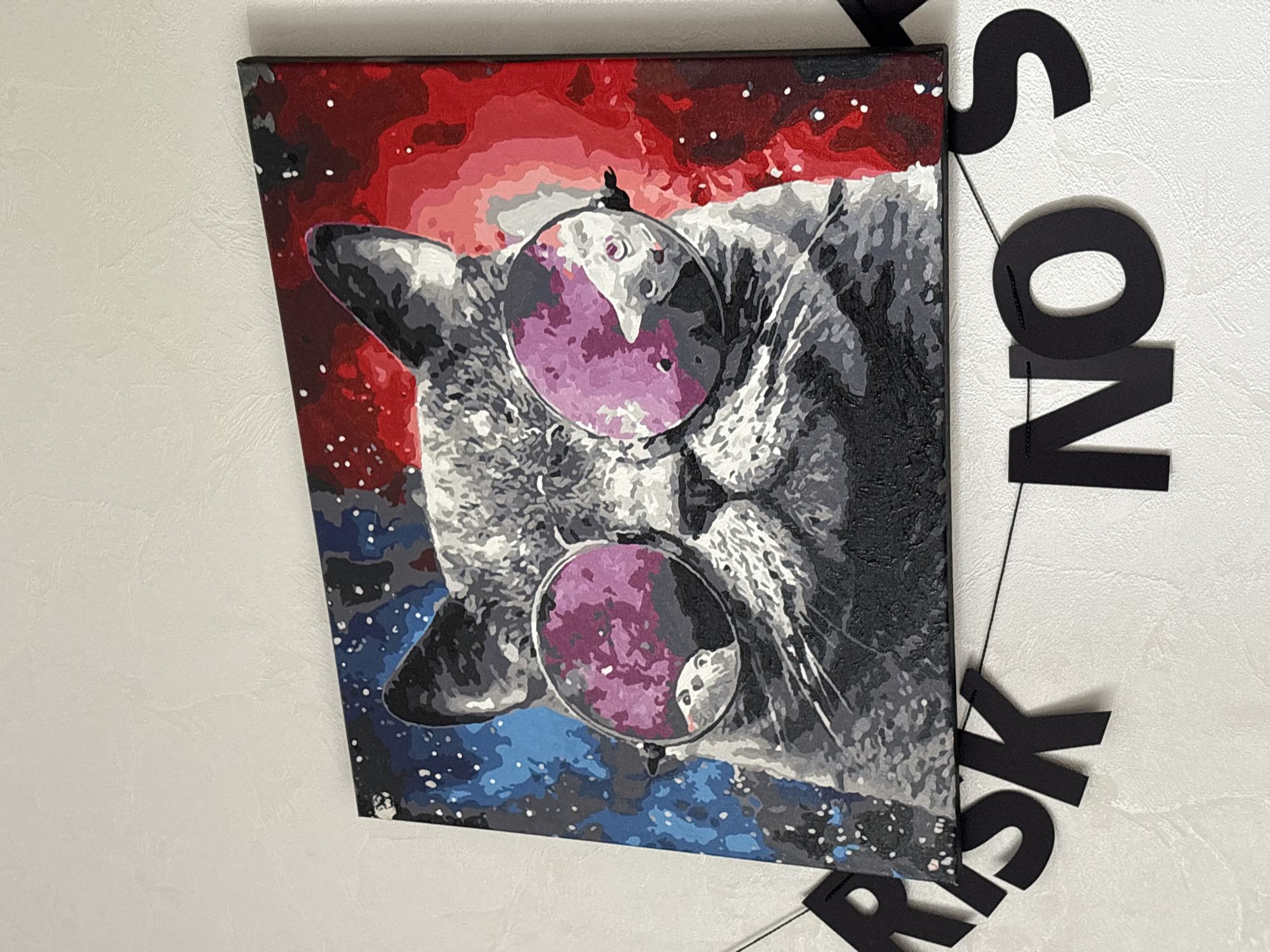 A blocky-style painting of a gray cat wearing purple-tinted, round sunglasses is mounted on a textured, light-colored wall in the city of Perm, Russia. The cat's fur is rendered in shades of gray, black, and white. Reflections in both sunglass lenses reveal a small, white cat's face with pink accents. The painting's background is bisected, with the left side composed of blues speckled with white dots and the right side featuring reds also speckled with white dots. Directly below the painting, a black banner with cut-out letters is suspended, displaying the partial text "RISK NO S". The wall exhibits an irregular, slightly uneven texture.
