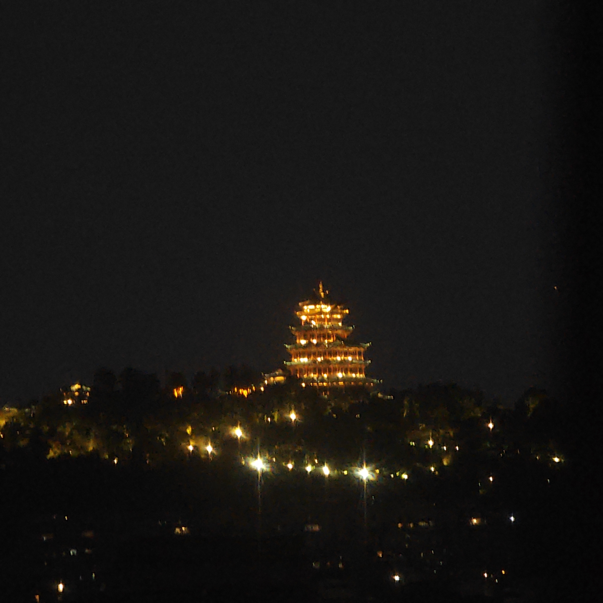 The image depicts a nighttime view of the Hongyadong complex, located in Yuzhong District, Chongqing, China. The complex is illuminated, standing out against the dark sky and surrounding dark buildings. Below Hongyadong, illuminated trees and streetlights line the landscape, with dimly lit buildings visible in the foreground.