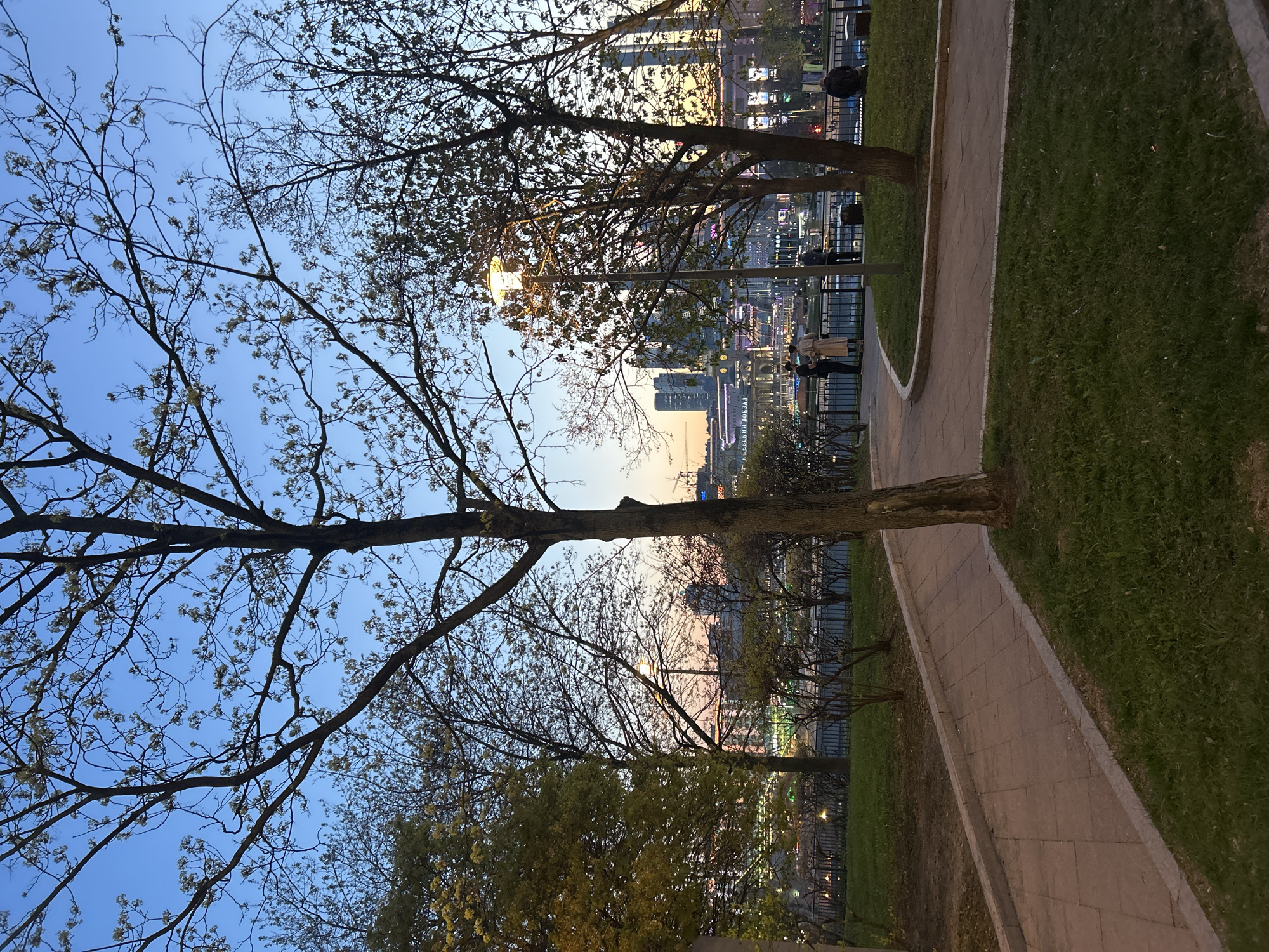 The image captures an outdoor scene, possibly a park, at dusk or early evening. A paved pathway curves through the park, bordered by grass. Several trees are visible, some with bare branches against the blue and orange sky, and others with foliage. In the background, across what appears to be a river or wide waterway, is a cityscape with buildings illuminated by lights. People can be seen standing near a railing overlooking the city.