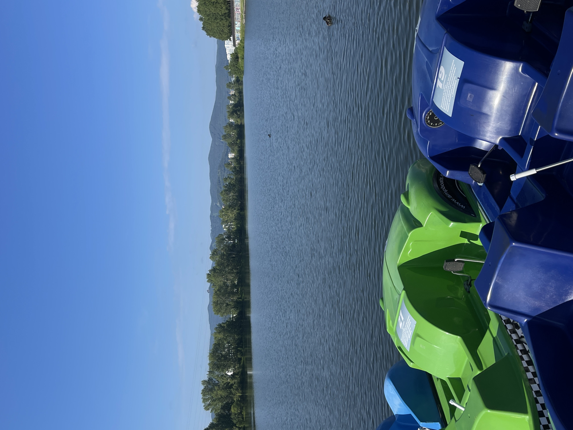 The image captures a sunny day at a lake in the city of Krasnoyarsk, Russia. In the foreground, several colorful pedal boats are docked. Two green pedal boats are visible, one with a partially obscured checkerboard pattern on its side. Beside them, a bright blue pedal boat is prominent, featuring a dial and an information sticker. The lake itself occupies the middle ground, its surface rippled by a gentle breeze under a clear blue sky. Two ducks are seen swimming in the distance on the lake. The background showcases a lush green tree line along the shore, with buildings and hills further beyond. The overall scene suggests a recreational area, likely a park or waterfront, popular for leisure activities.