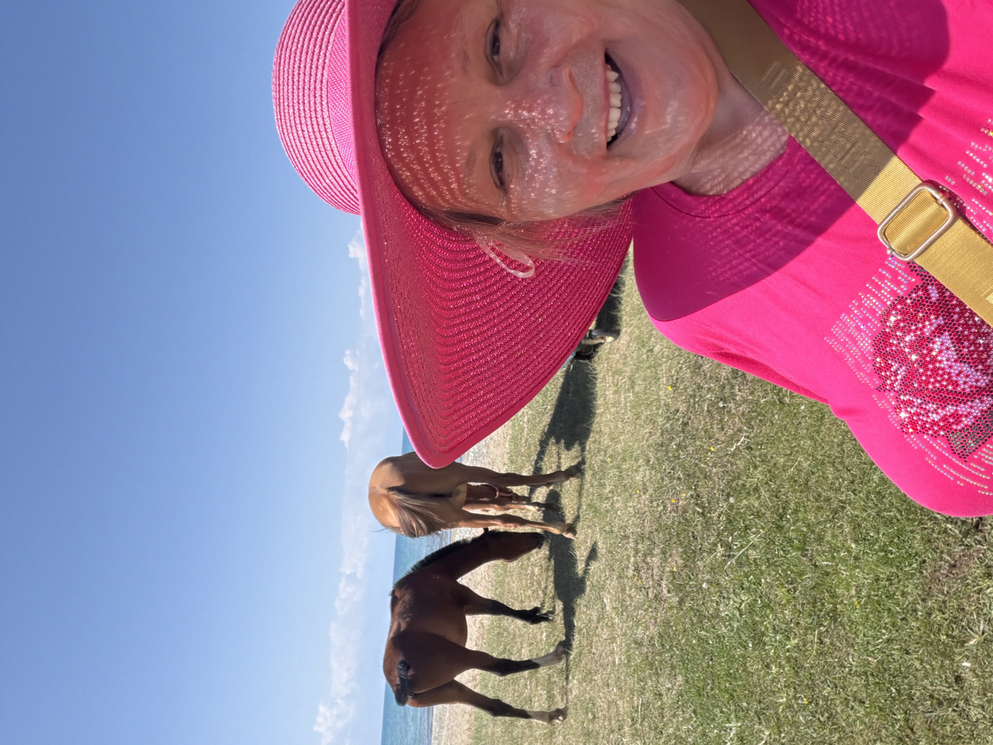 A woman wearing a bright pink hat and shirt takes a selfie on a grassy area next to a body of water. Two brown horses are grazing in the background by the water's edge. The sky is blue with a few scattered clouds.