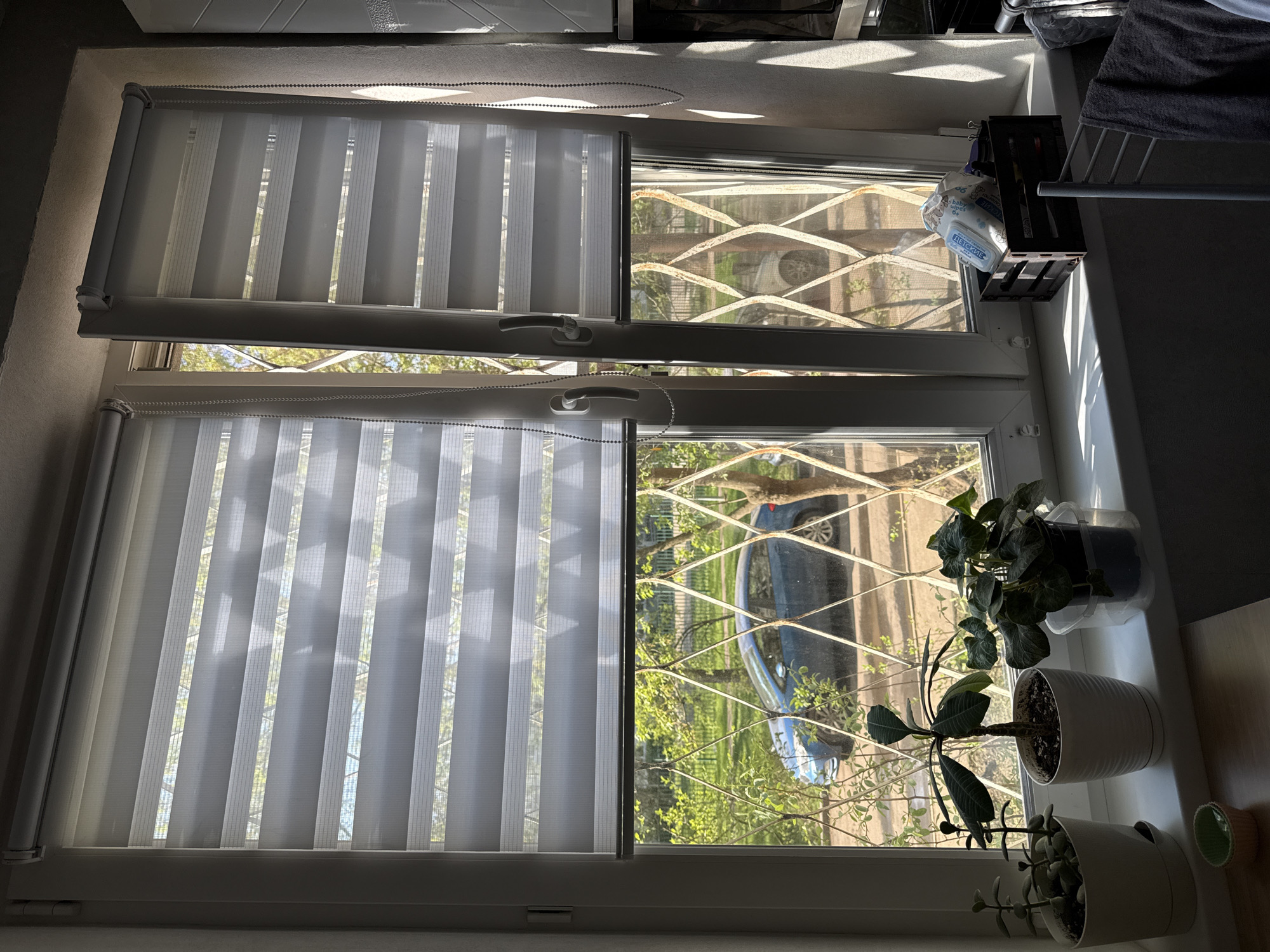 A window in Moscow, Russia. The window has two sections, each with a roller blind on the left and a view to the outside on the right. The top section shows a view through a metal security grill. The lower section shows a blue car parked on the street. Three potted plants are on the windowsill. A small cup and a dish rack sit to the right of the plants.