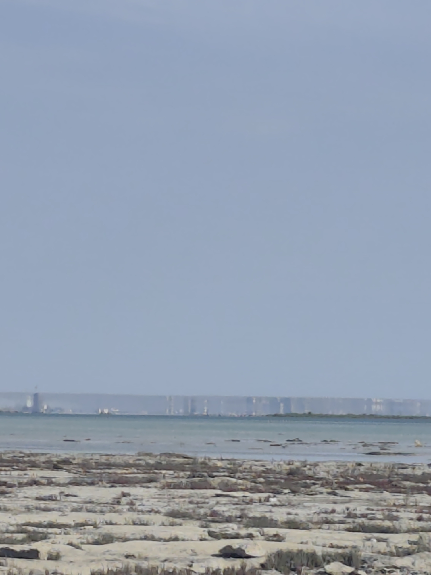 The image depicts a coastal landscape. In the foreground, there is a rocky, uneven terrain with sparse vegetation. This appears to be a dry, arid environment. Beyond the foreground, a body of water is visible, possibly the Caspian Sea, with a hazy, light blue hue. In the distance, a long, flat landmass with a sheer cliff face stretches across the horizon. The sky is a clear, pale blue. The scene is devoid of any people or specific structures that would clearly indicate a location within the city of Aktau, Kazakhstan, beyond the general characteristic of a coastal desert landscape. The cliff face in the distance is the most prominent geological feature, suggesting a significant natural formation.