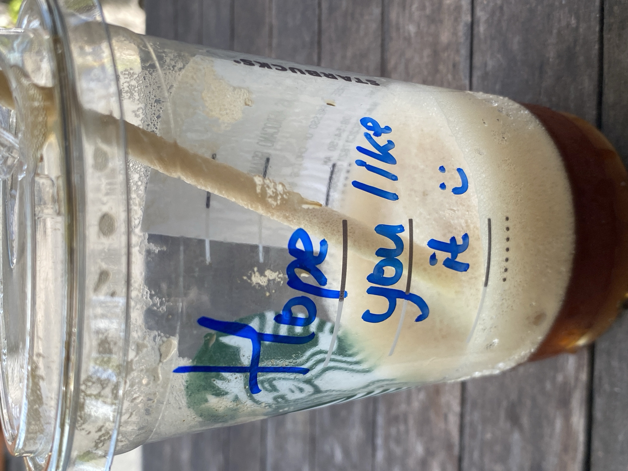A close-up shot captures a Starbucks cup filled with a foamy beverage on a wooden surface. Blue marker handwriting on the cup reads "Hope you like it :)" The drink is layered, with a dark liquid at the bottom and a lighter, frothy substance on top. A straw extends from the drink, disappearing into the foam. The background is blurred, suggesting an outdoor setting. No people are visible in the frame. The image appears to be taken in Mengwi, Indonesia, but this cannot be confirmed from the visual information alone.